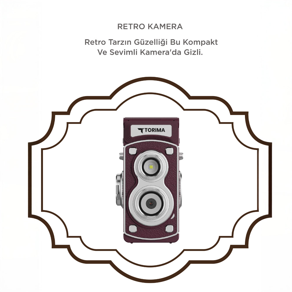 Bordo rengi retro kamera, gümüş aksesuarlar ve kahverengi süslemeli çerçeve.