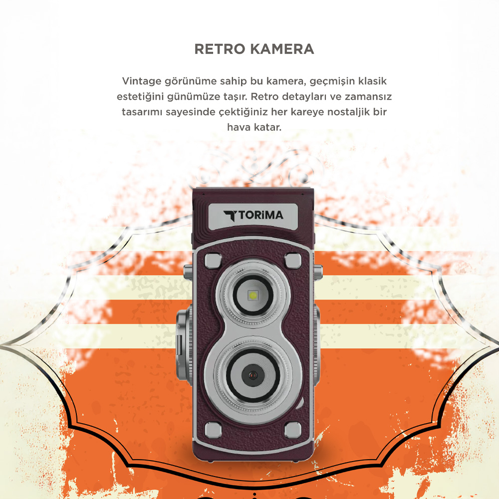Gümüş aksanlı, iki lensli, bordo renkli retro kamera.