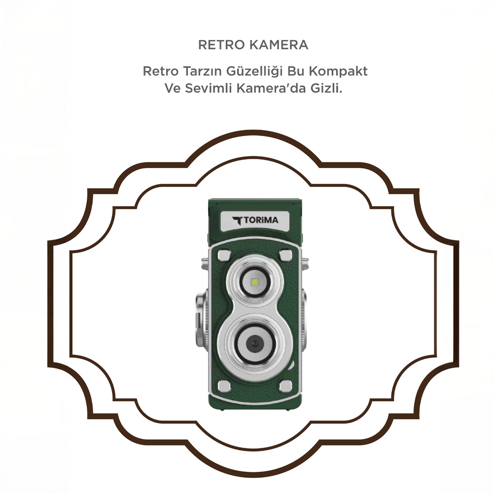 İki lensli ve flaşlı yeşil retro kamera.