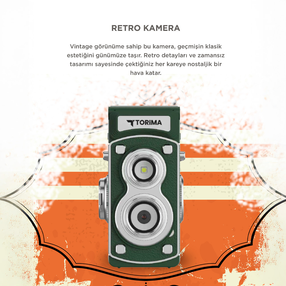 Turuncu-beyaz arka plan üzerinde, iki lensli ve LED ışıklı yeşil retro kamera.