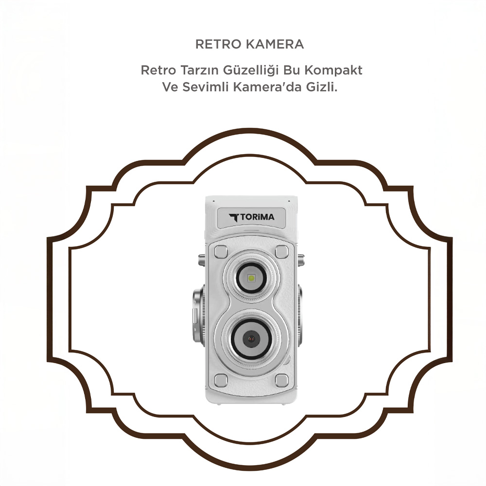 İki lensli ve flaşlı beyaz bir retro kamera.