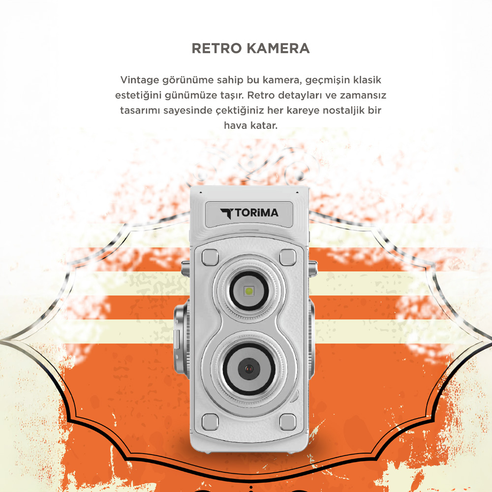 TORIMA logolu, iki lensli beyaz retro kamera.