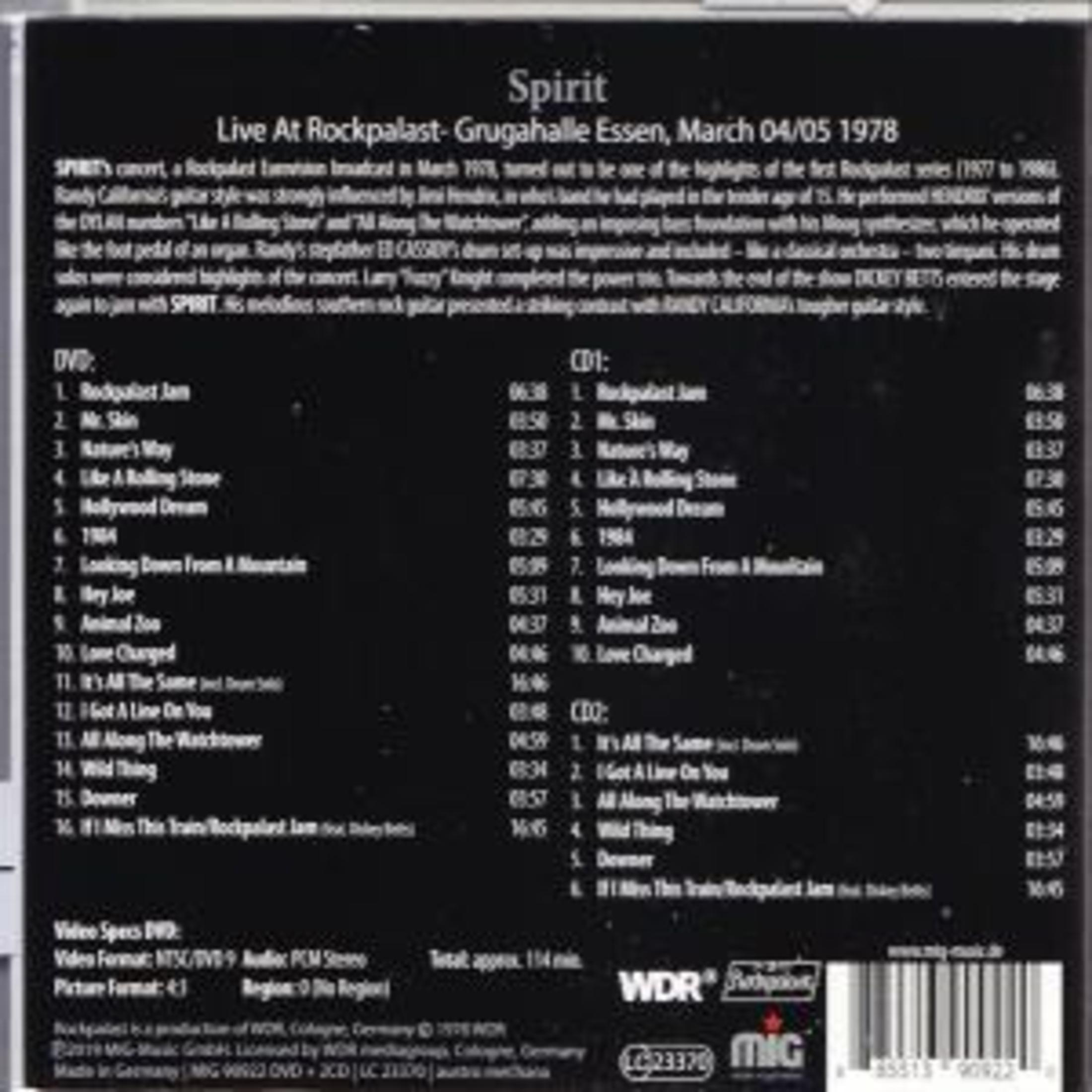 Albumhoes met tracklist voor 'Spirit Live At Rockpalast Essen 1978'.