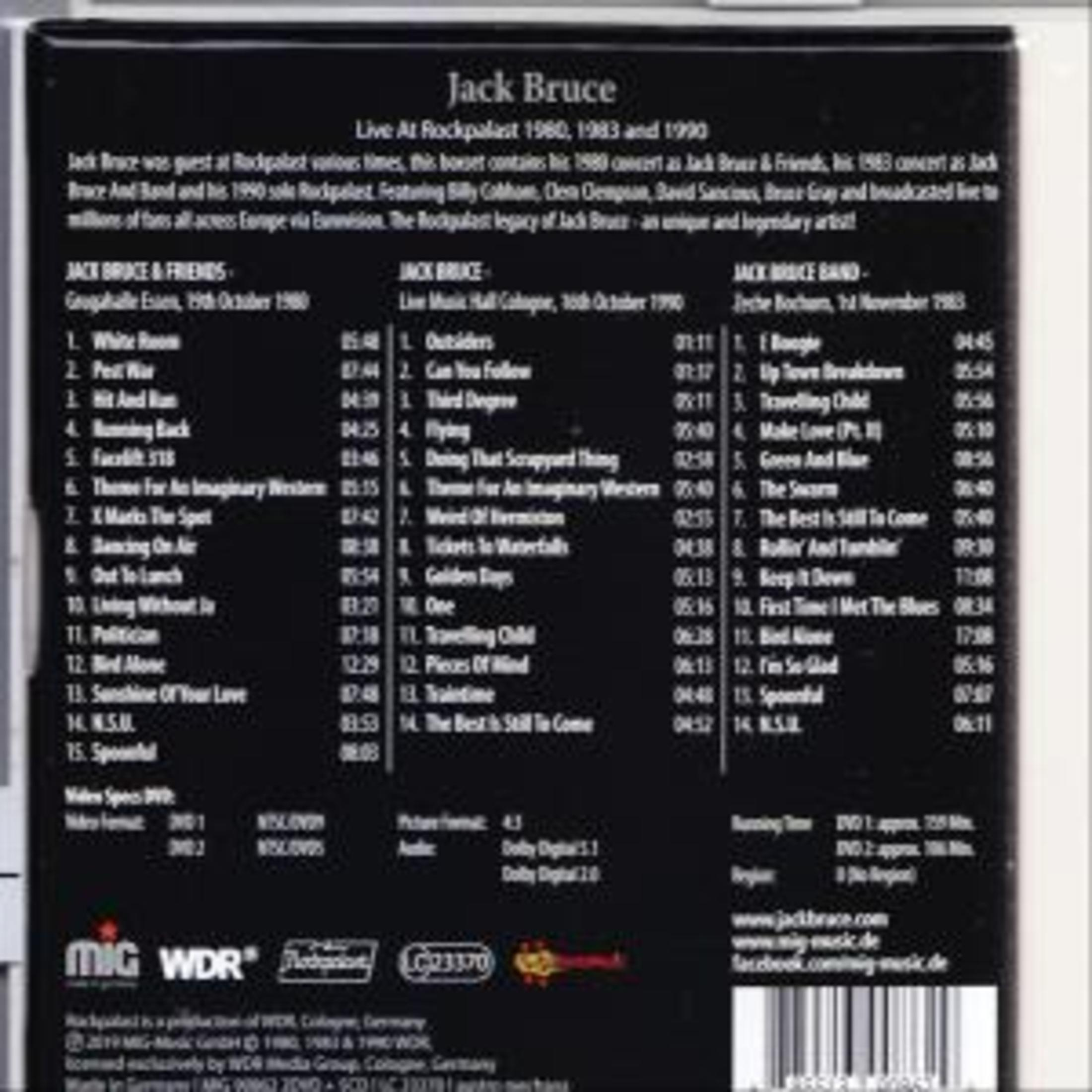 Zwart-witte achterkant van een dvd/cd-hoes met songtitels en details van Jack Bruce concerten.