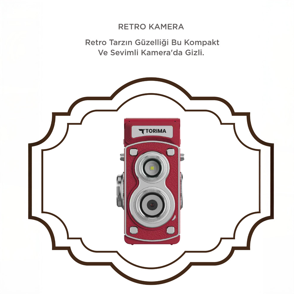 İki lensli, flaşlı ve Torima logolu kırmızı retro kamera.