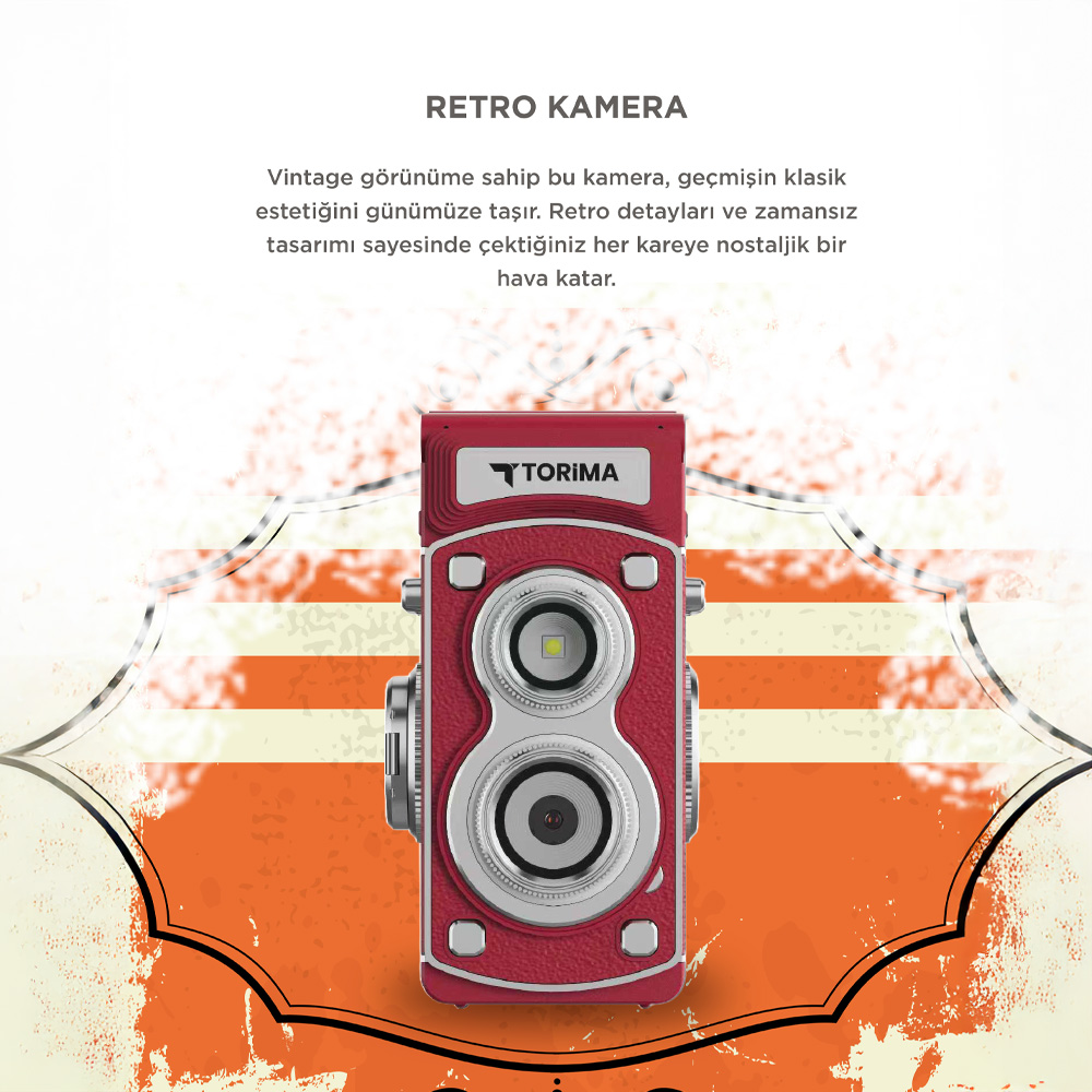 Torima logolu, iki lensli kırmızı retro bir kamera.