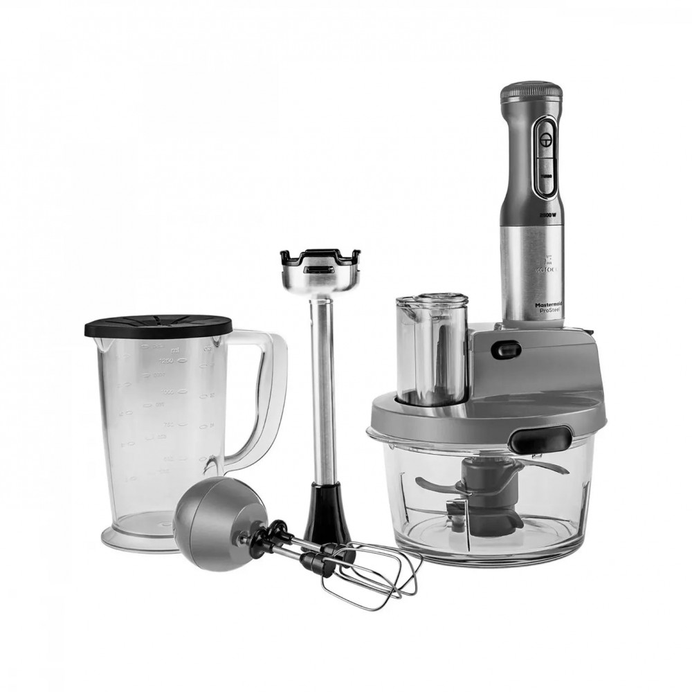 Doğrayıcı, ölçü kabı ve çırpıcı aparatlı el blender seti.