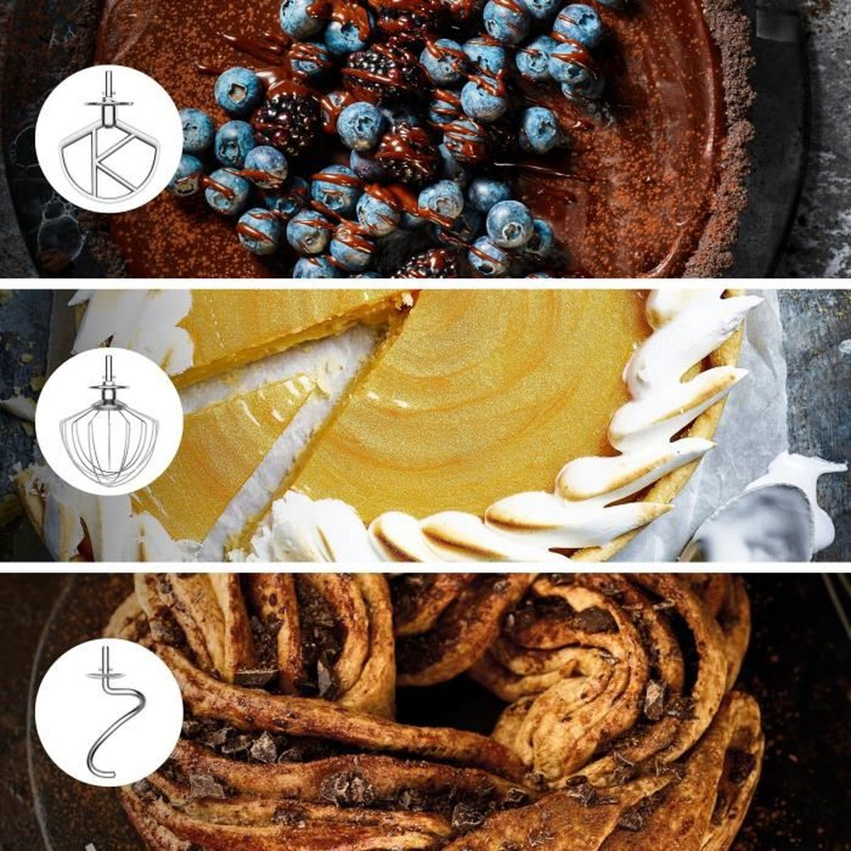 Drei Gebäcke: Schokoladenkuchen mit Beeren, Zitronentorte und Zimtschnecke.