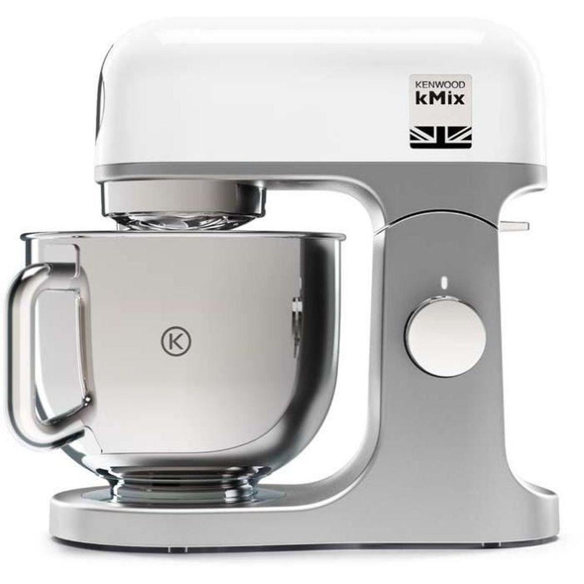 Ein weißer Kenwood kMix Küchenmixer mit silberner Schüssel und Bedienelement.
