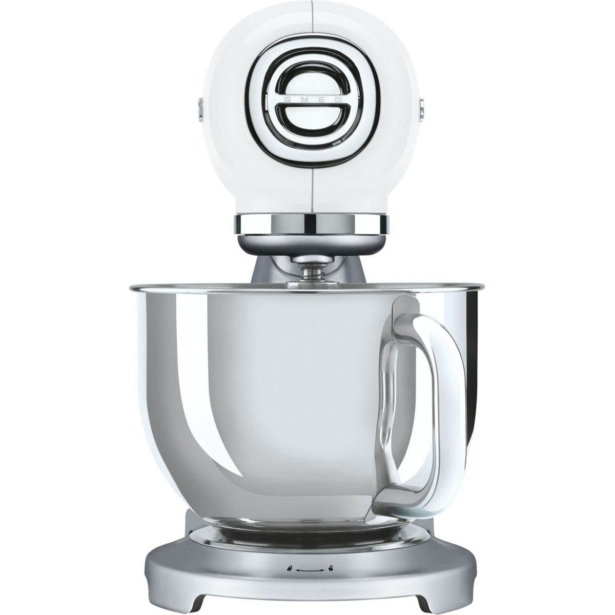 Un robot de cocina blanco con bol de metal pulido y base plateada.