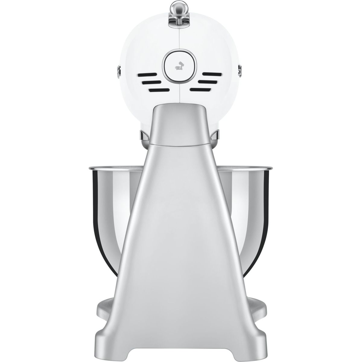 Un robot de cocina blanco y plateado con bol, visto de frente.