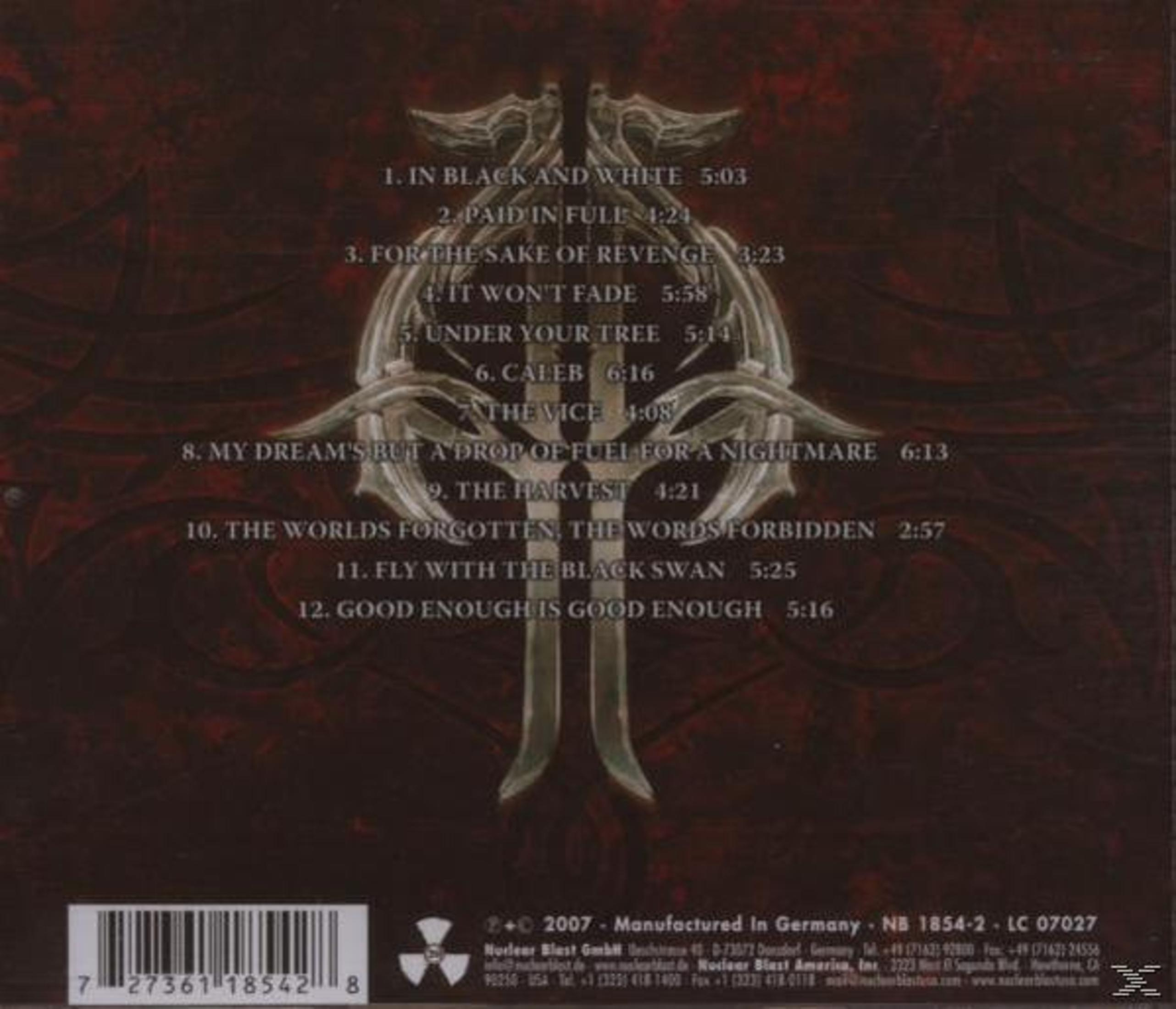 CD-Rückseite mit Songliste und Bandlogo auf dunklem Hintergrund.