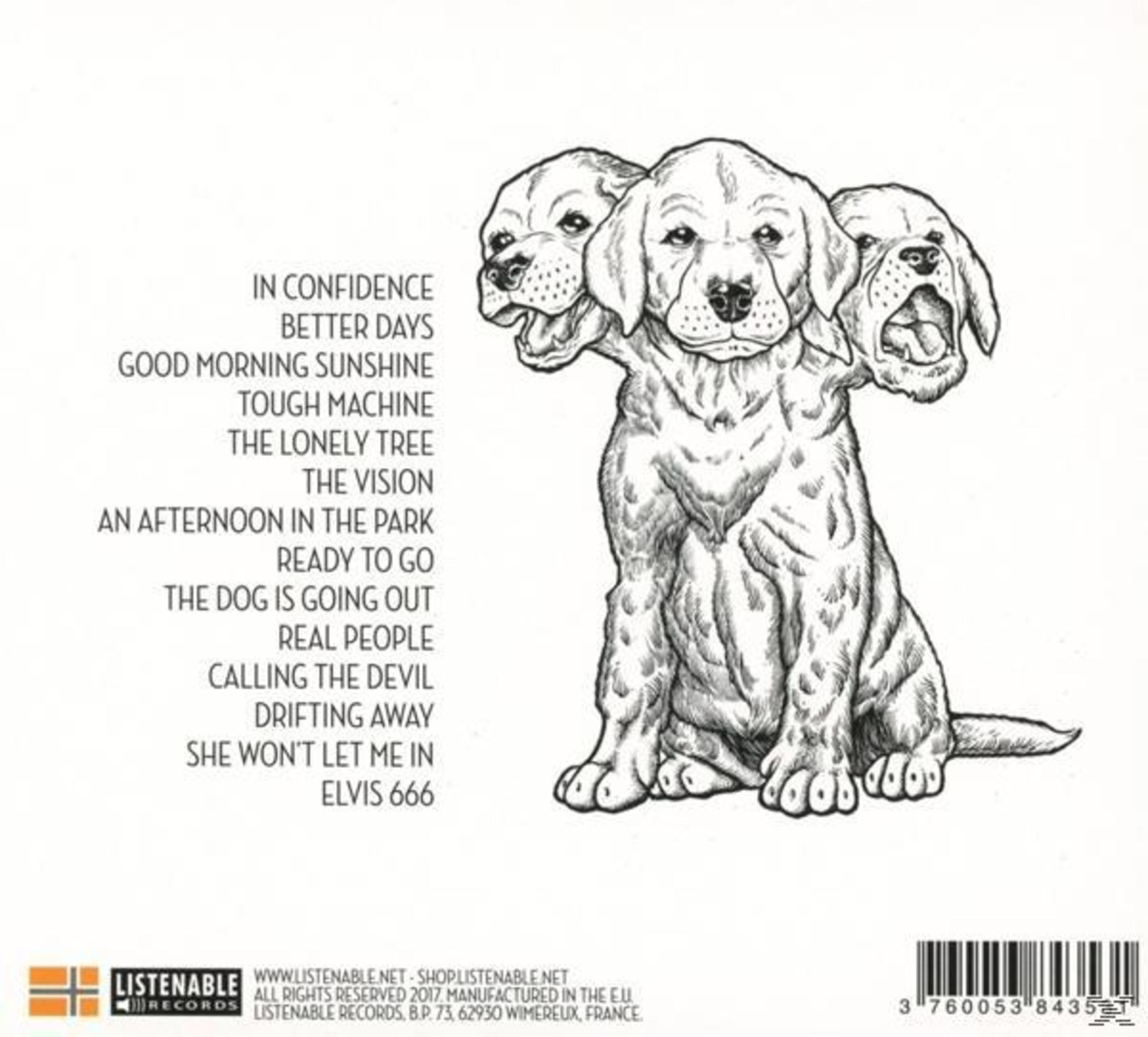 Dreiköpfiger Hund mit Songliste links und Barcode unten.