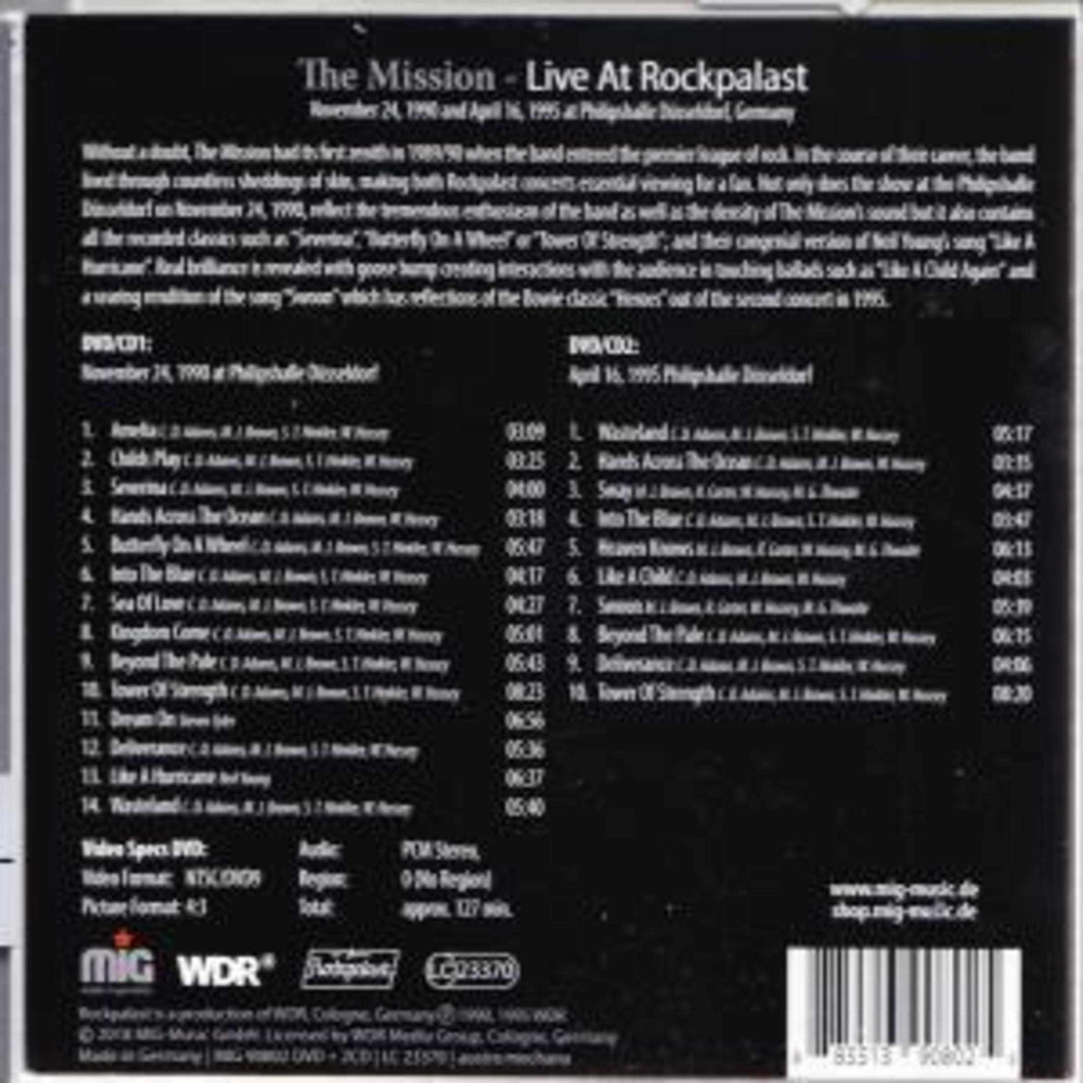 De achterkant van een DVD/CD-hoes met songlijsten van twee concerten van The Mission.