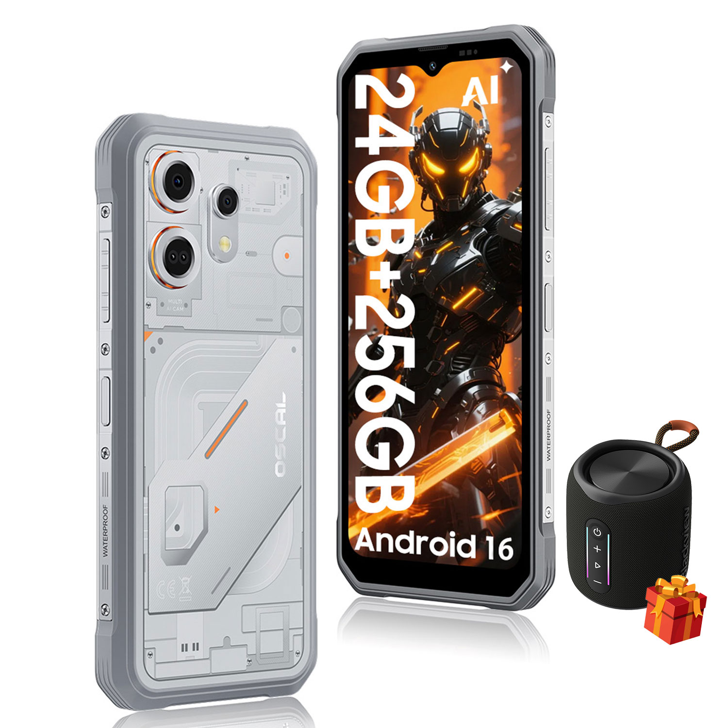 Een grijze smartphone, een zwarte luidspreker en een geschenkdoos.