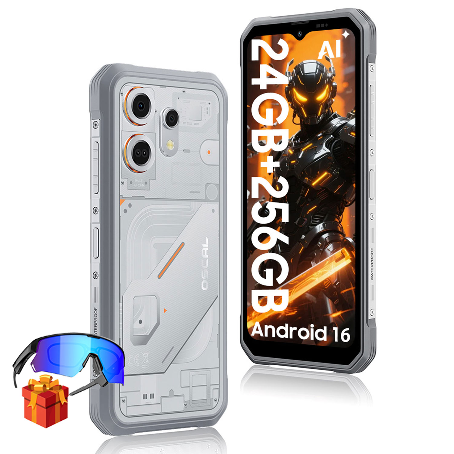 Een smartphone met transparant achterontwerp, naast een telefoon met robotisch scherm. Een cadeau en bril ervoor.