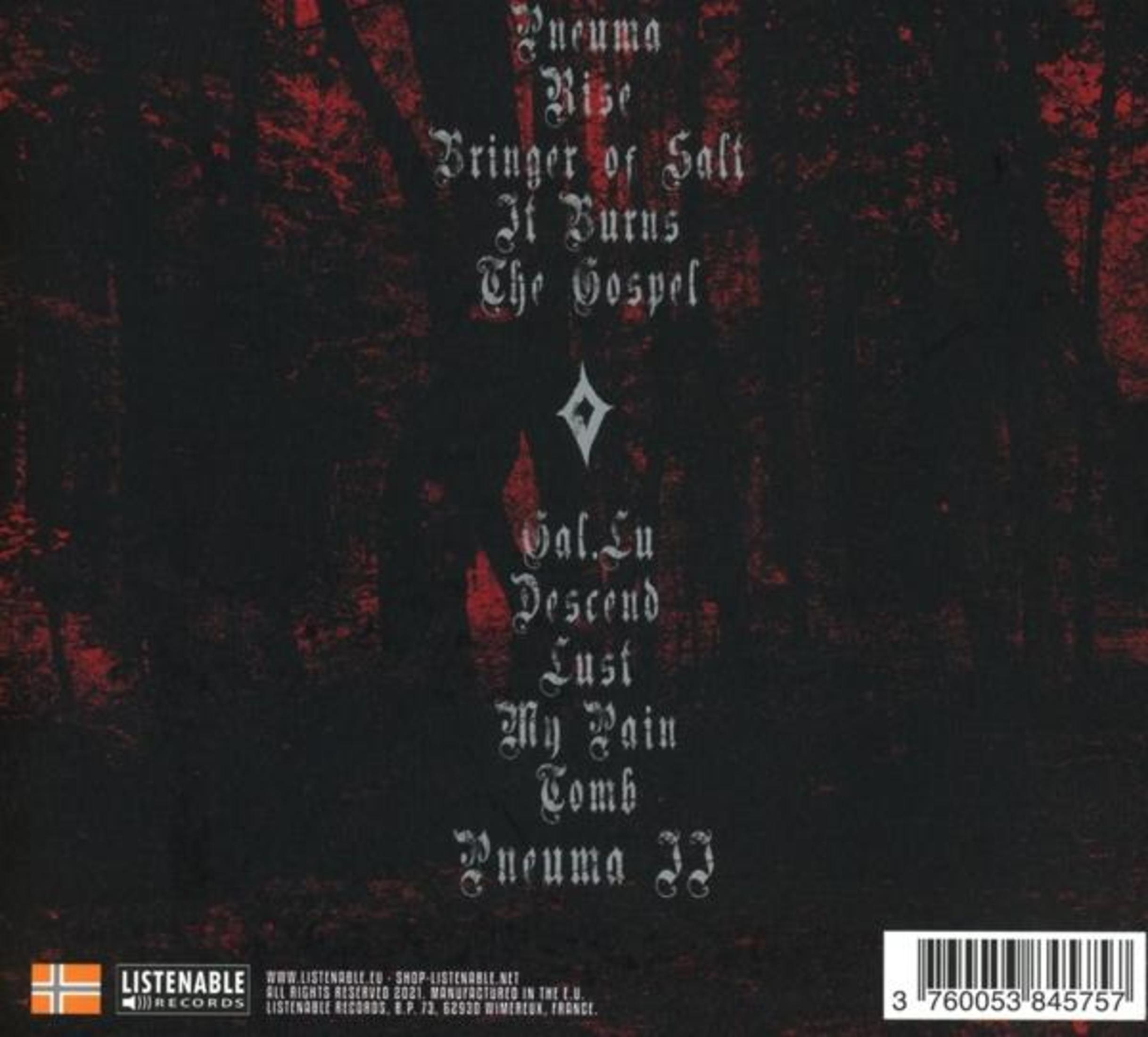 Schwarzer Hintergrund mit rotem Schimmer, weißer Text mit Songtiteln.