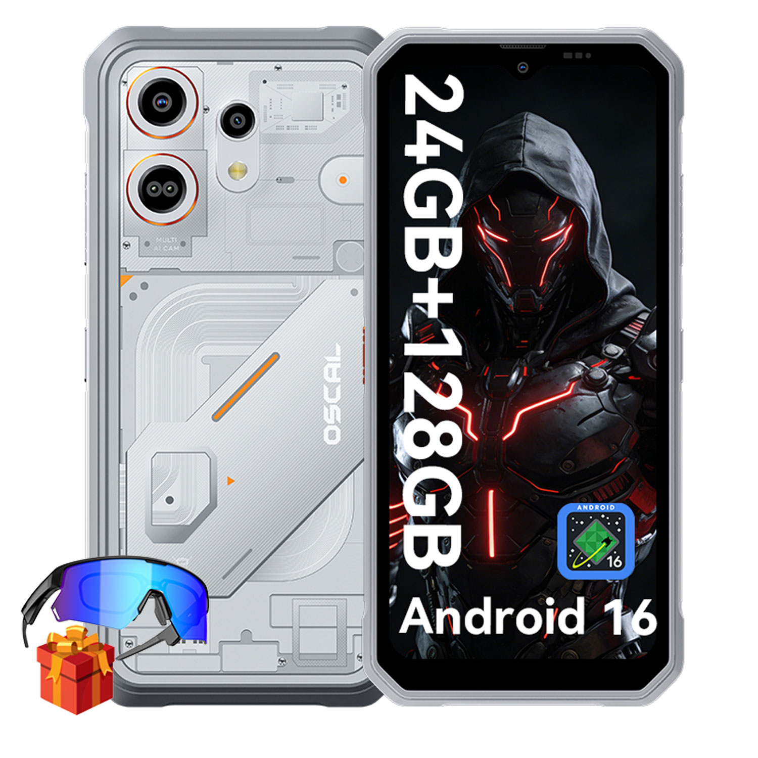 Een smartphone met transparante achterkant, oranje accenten, cadeaupakket en blauwe bril.