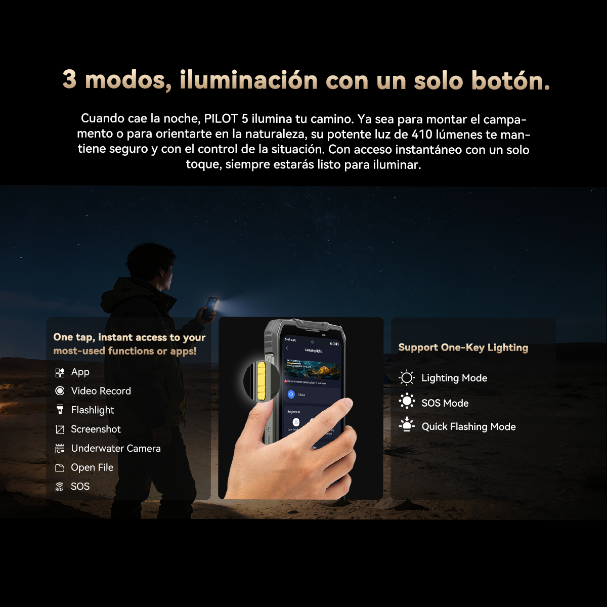 Hombre ilumina noche estrellada con linterna de móvil. Apps y modos.