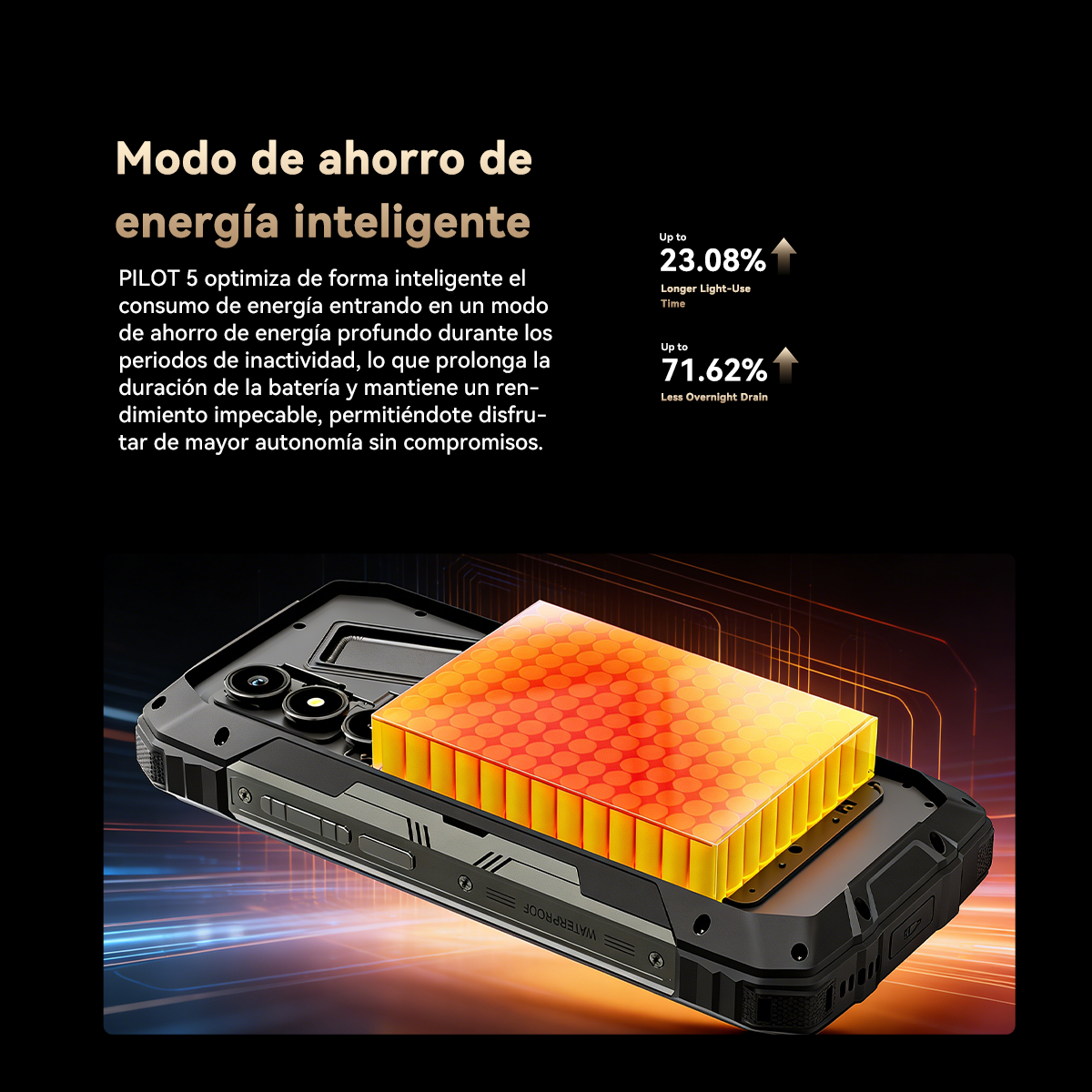 Smartphone robusto muestra eficiencia energética de batería con patrón de panal.