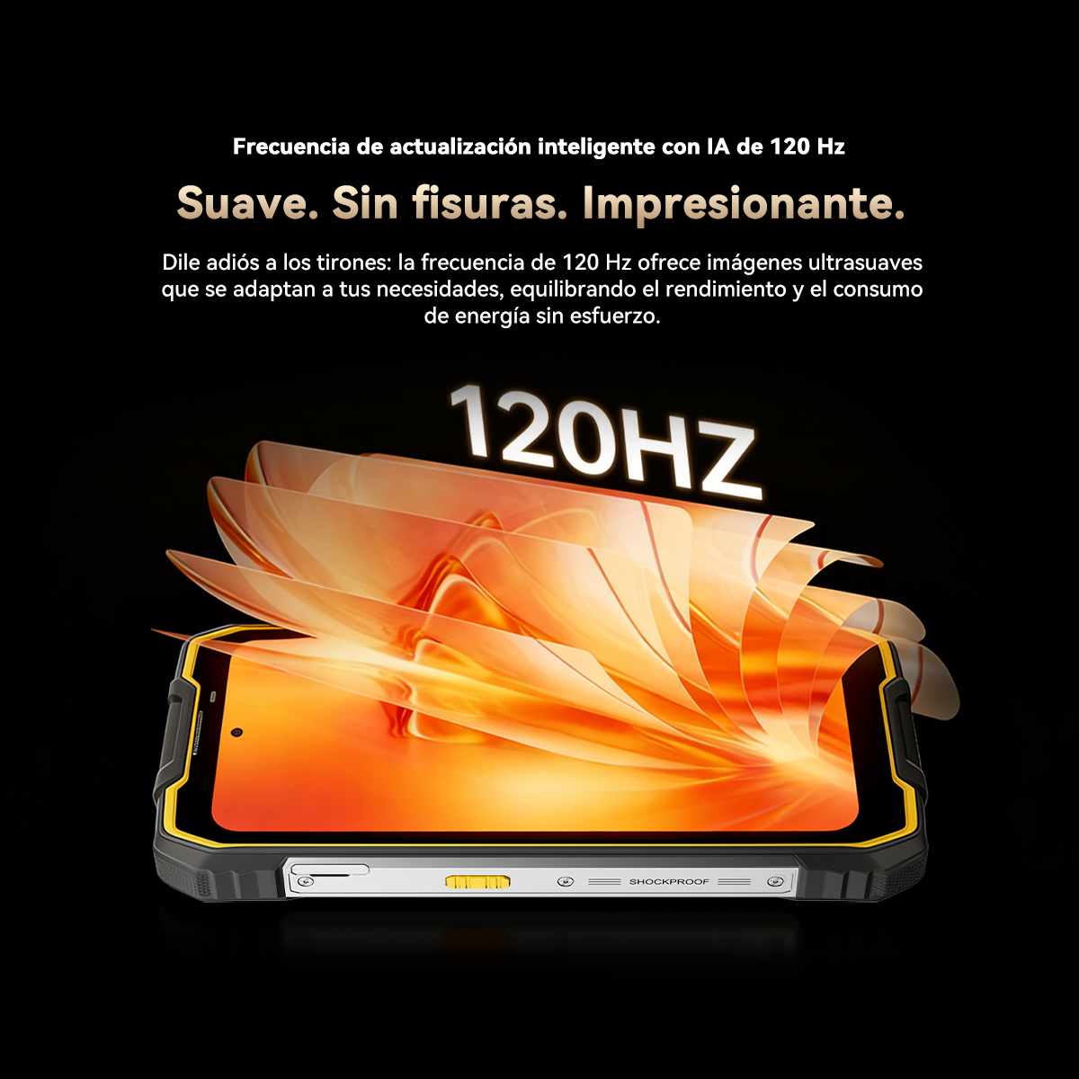 Un smartphone robusto con pantalla de 120Hz, con un vibrante fondo naranja.