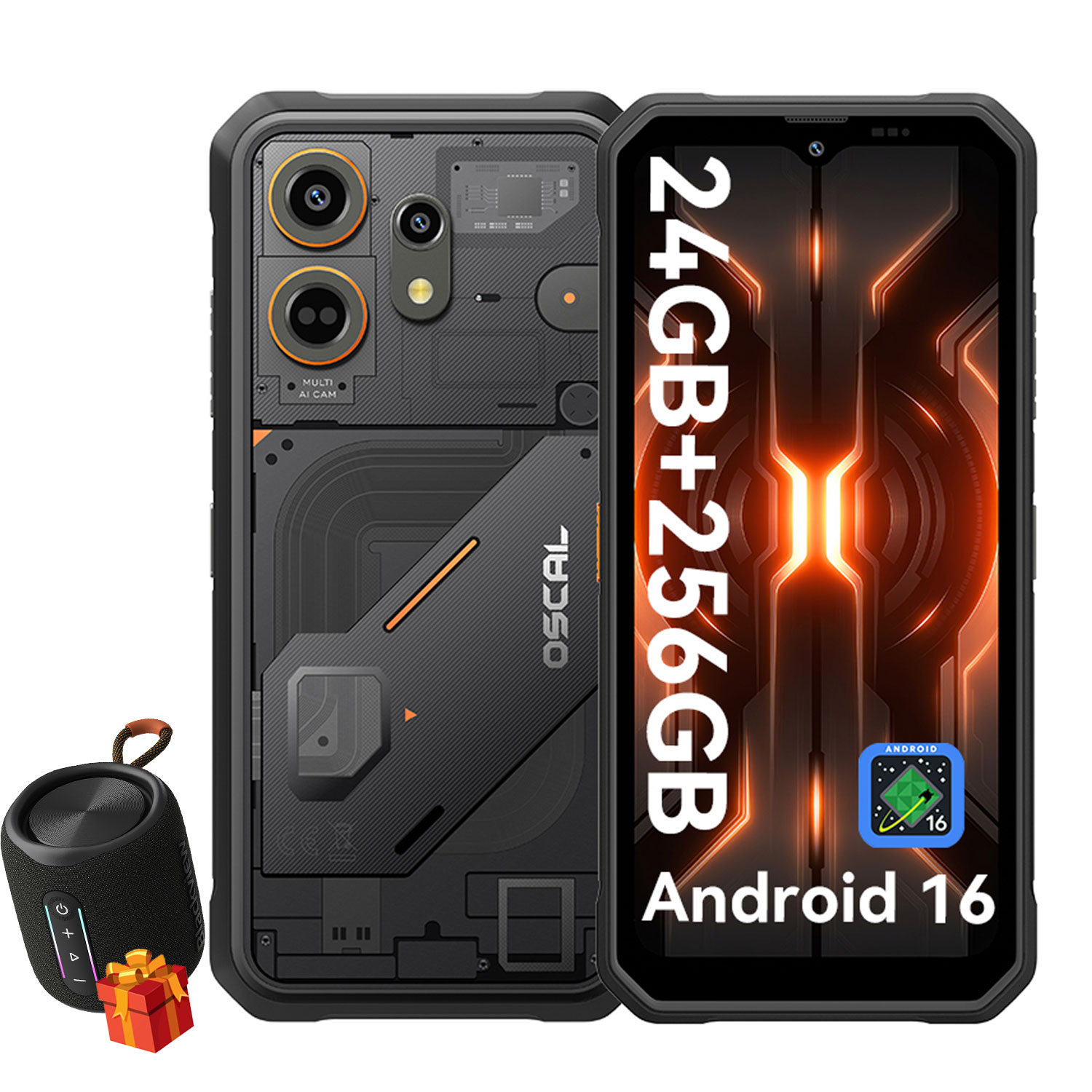 Zwarte smartphone met 24GB+256GB, Android 16, en een kleine Bluetooth speaker.