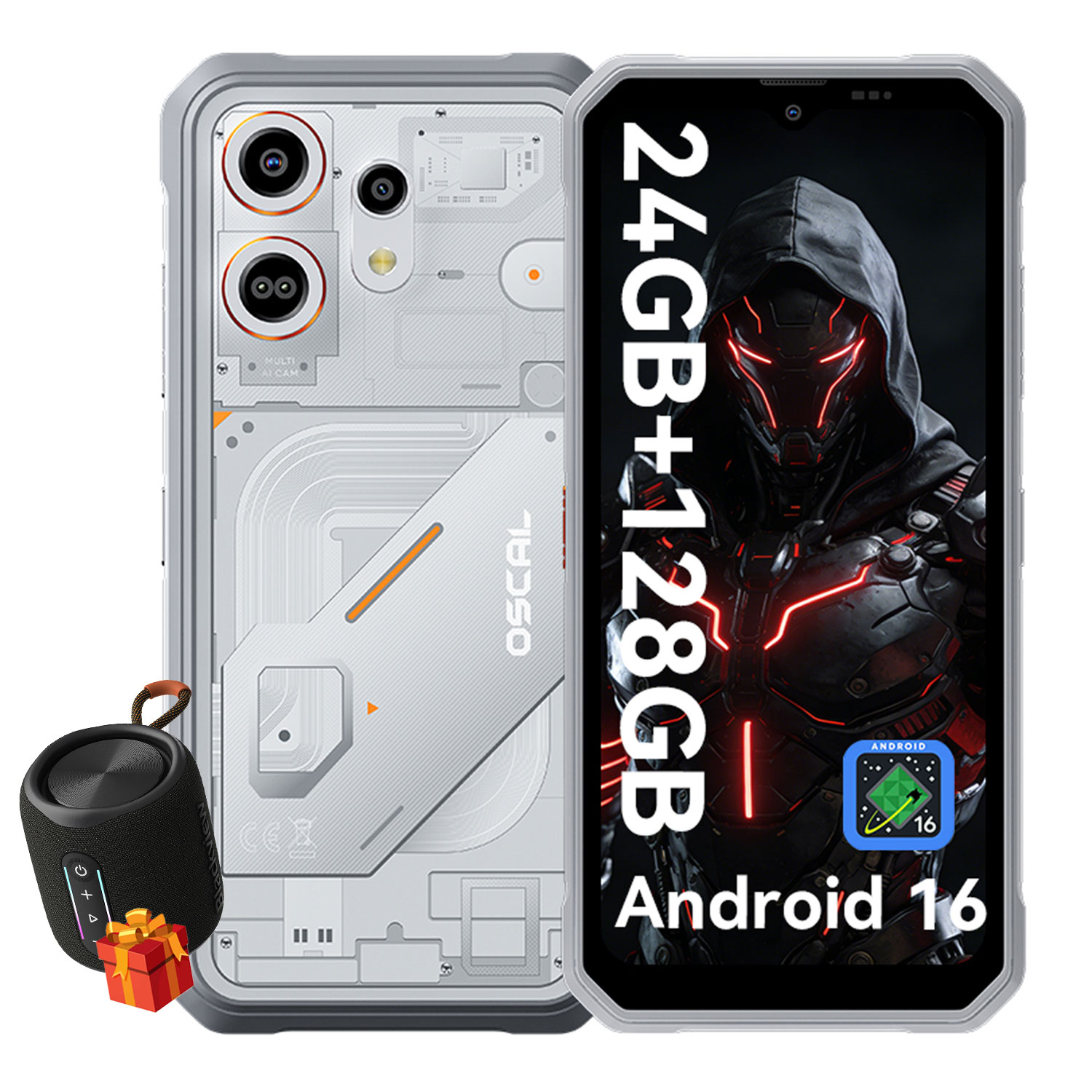 Een smartphone met transparant achterontwerp, camera en een kleine luidspreker.