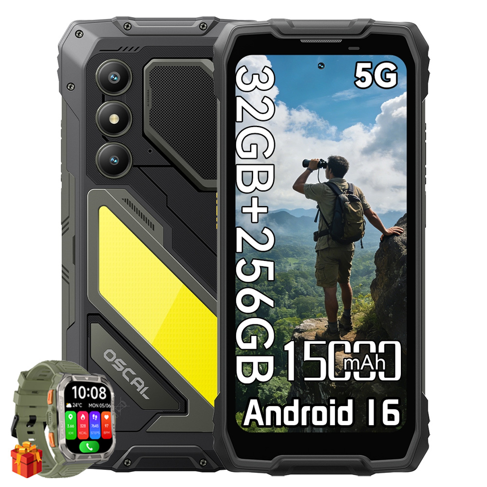 Robustes Smartphone mit Smartwatch. Vorderseite zeigt Wanderer mit Fernglas, 32GB+256GB, 5G, 15000mAh, Android 16.