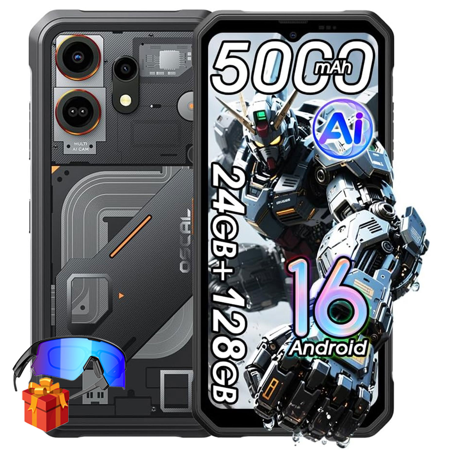 Een robuuste smartphone met transparante achterkant, cadeau en zonnebril.