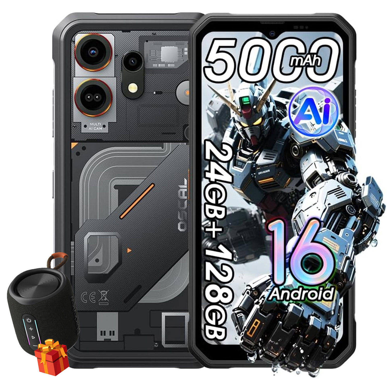 Een robuuste smartphone met robotdisplay, miniluidspreker en cadeau.