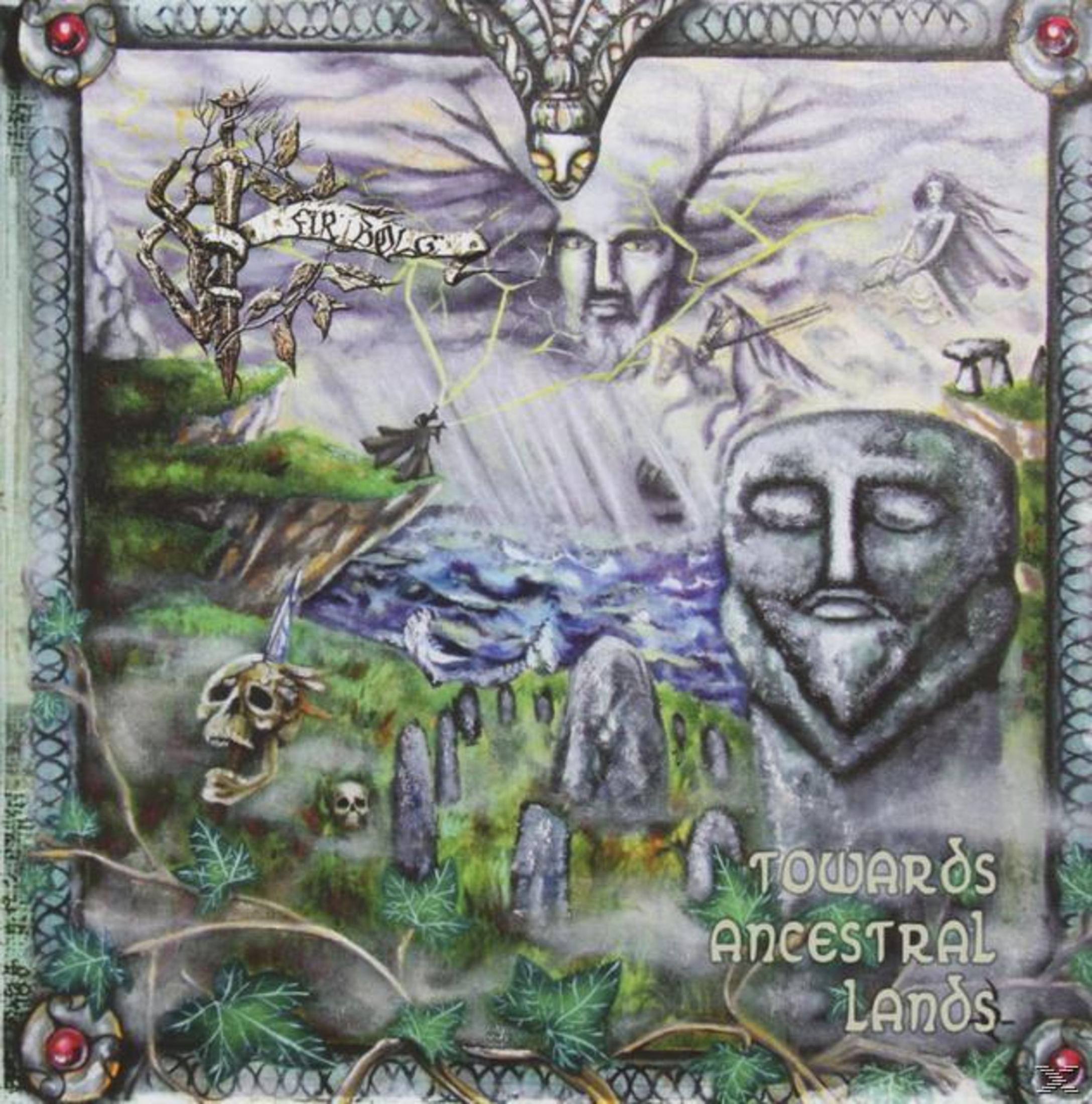 Fantasy-Kunst: Totenkopf, Steine, Gesichter, Sturm und "Towards Ancestral Lands" Schriftzug.