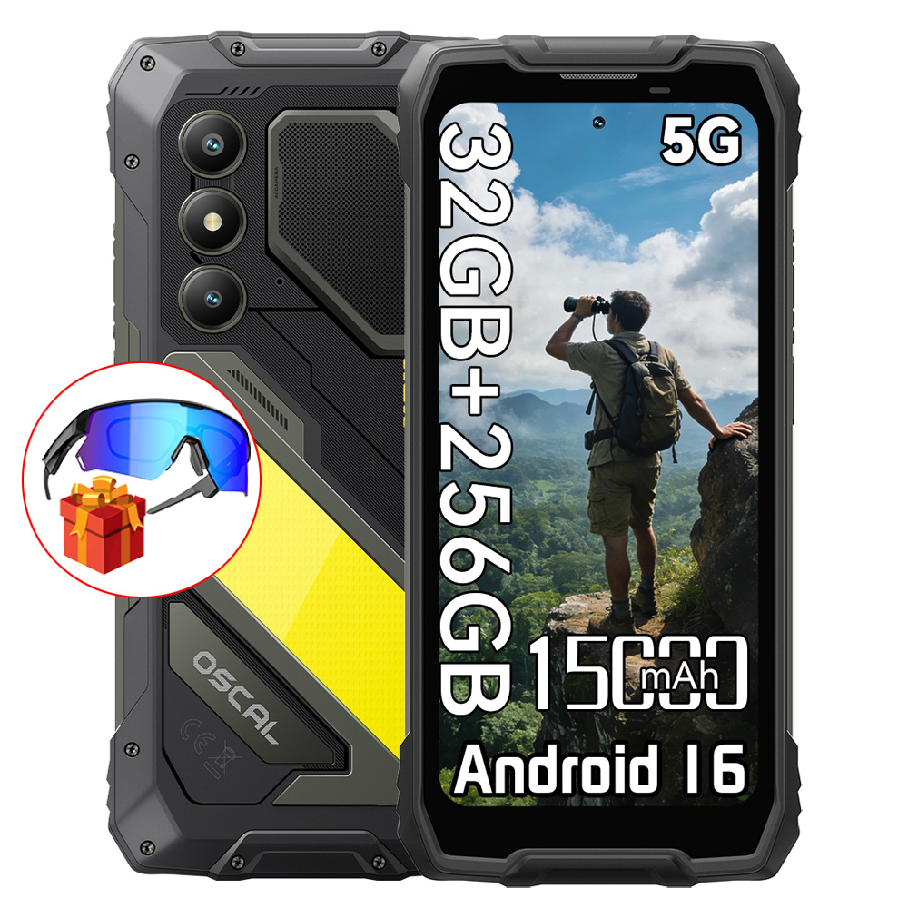 Robustes Smartphone mit Wanderer-Bildschirm. Enthält ein Geschenk mit Brille.