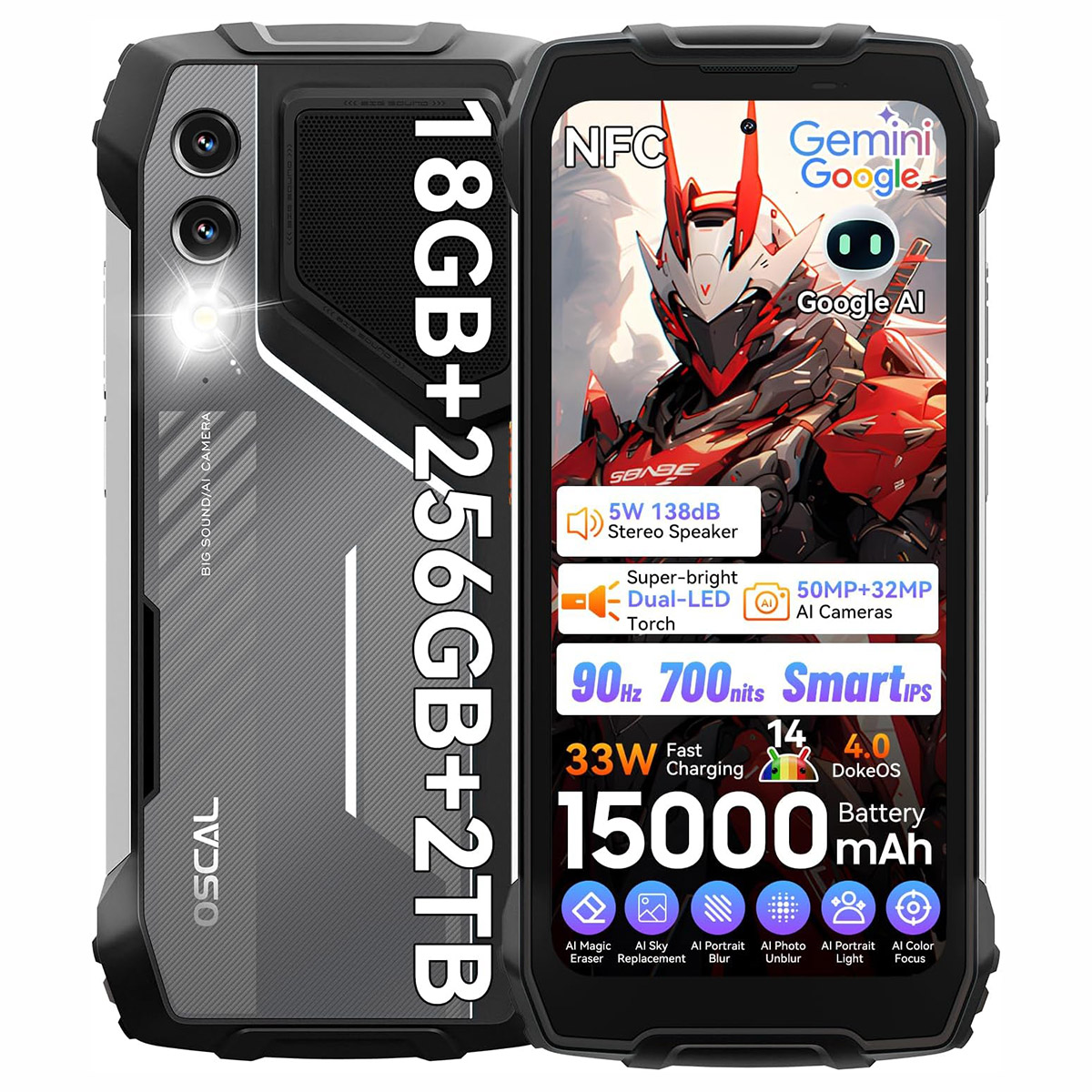 Smartphone robusto con ampio display che mostra un cyborg rosso.