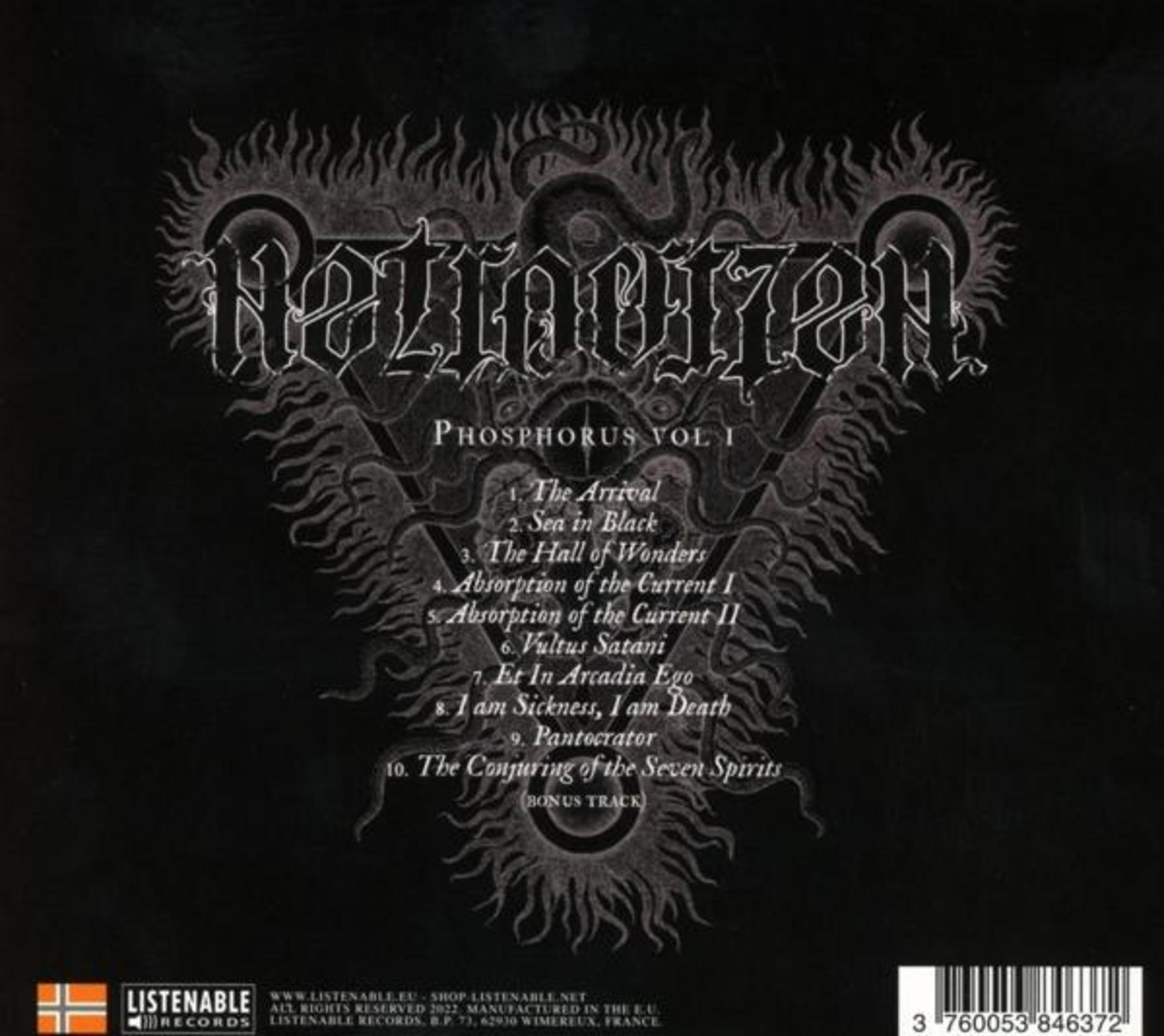 Schwarzes Albumcover mit Bandlogo, Albumtitel 'Phosphorus Vol. I' und Trackliste.