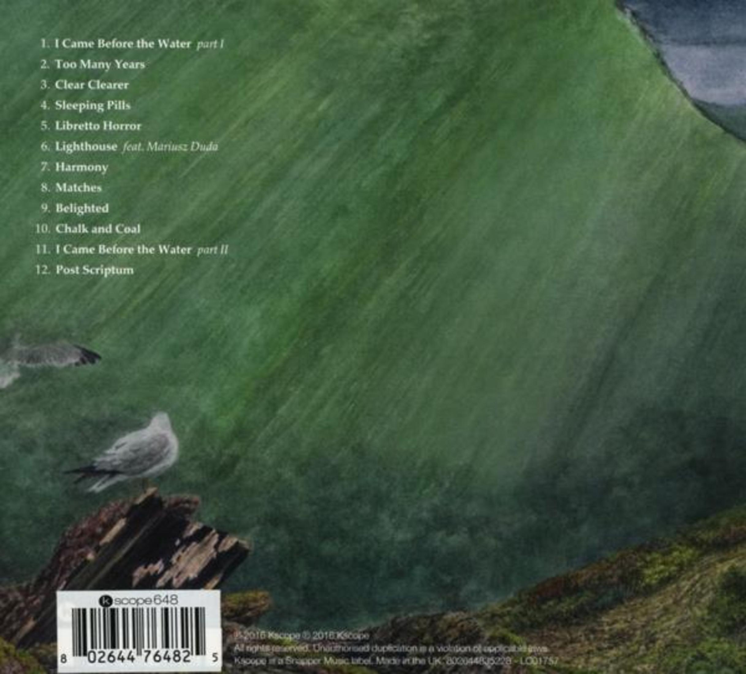 Zwei Möwen sitzen auf Treibholz vor einer grünen, nebligen Landschaft. Trackliste oben.