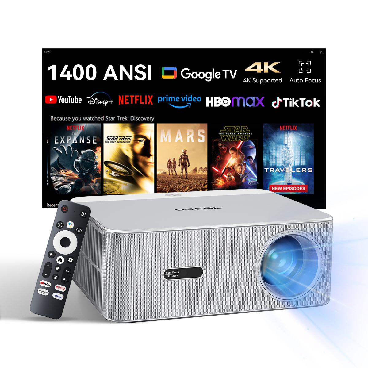 Een zilveren projector met afstandsbediening. Het scherm toont apps zoals Netflix en 4K.