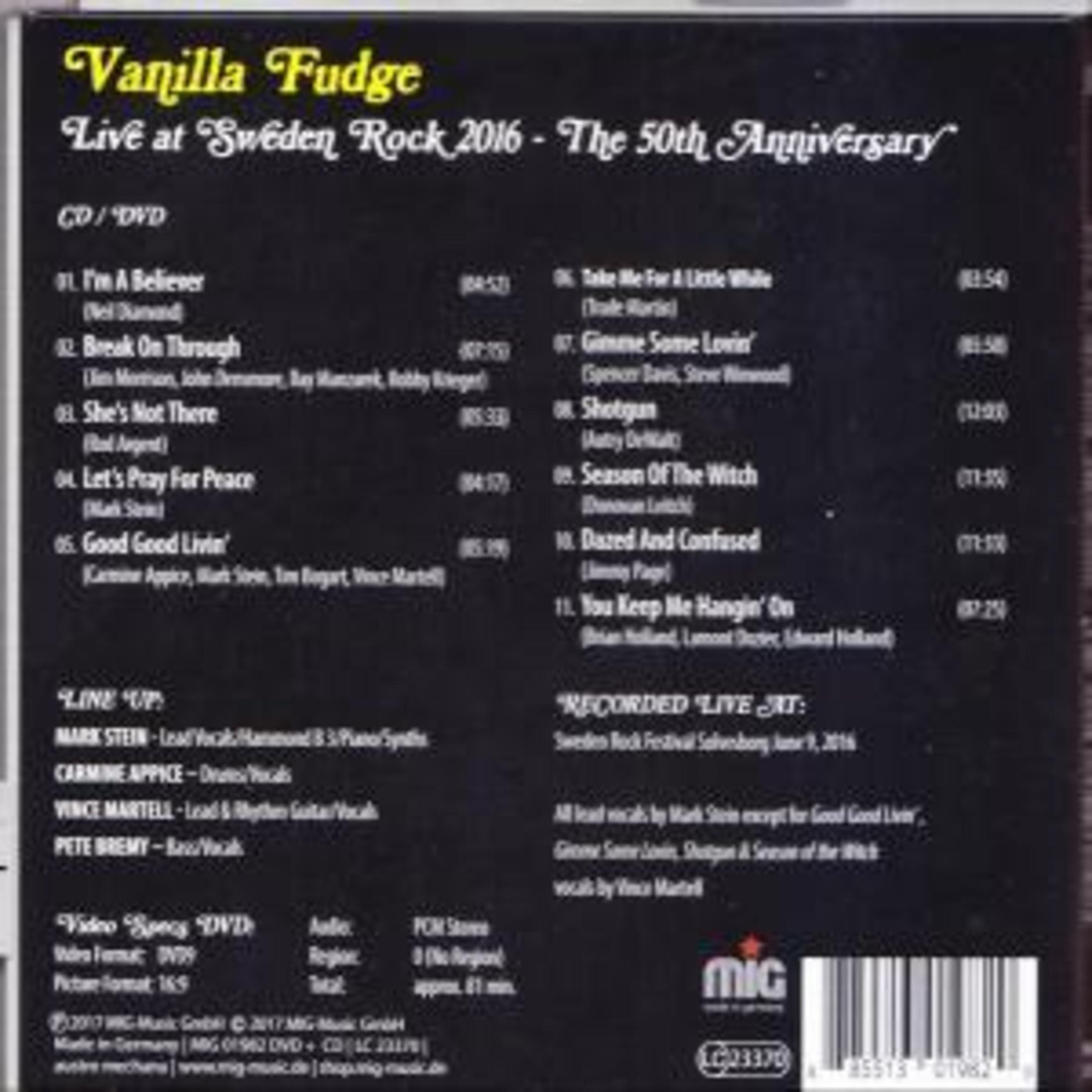 Rückseite eines CD/DVD-Covers von Vanilla Fudge mit Songliste & Bandinfos.