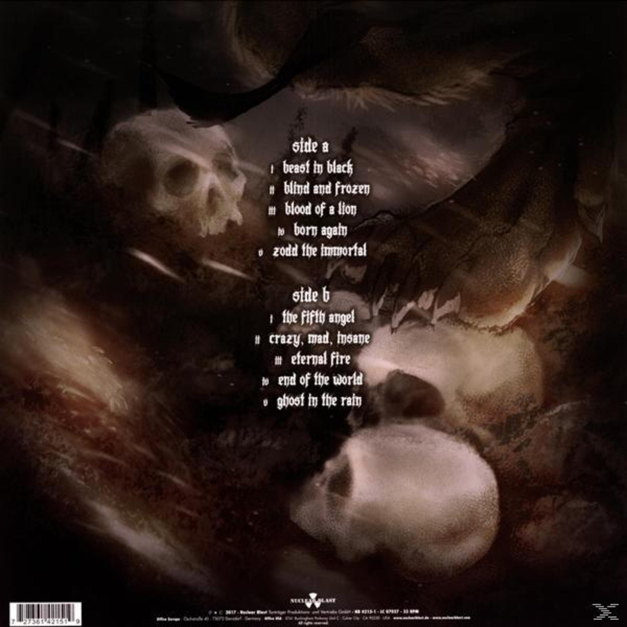 Rückseite eines Albums mit Schädeln, Flügeln und Songtiteln im gotischen Stil.
