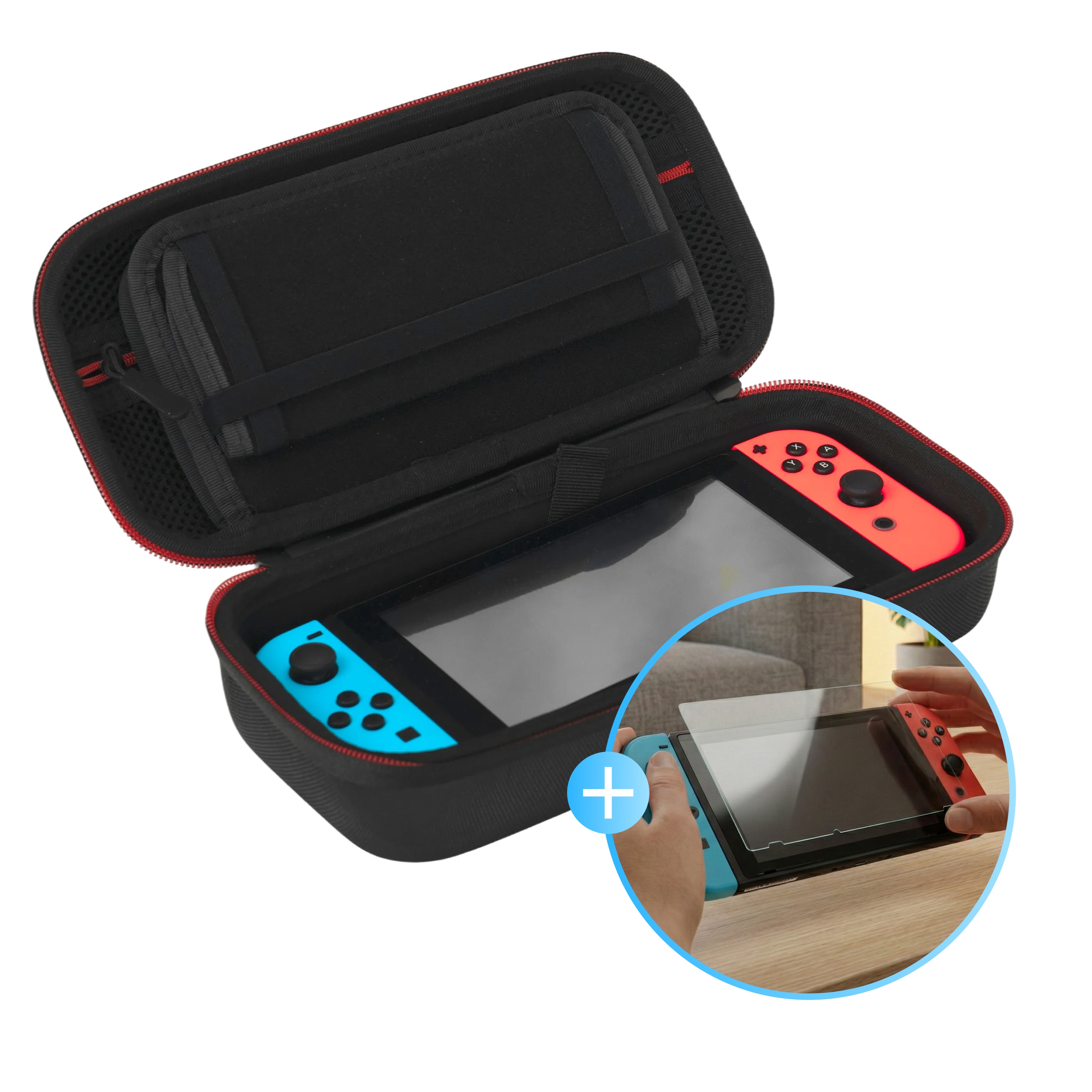 Étui de protection noir pour Nintendo Switch avec manettes rouges et bleues.
