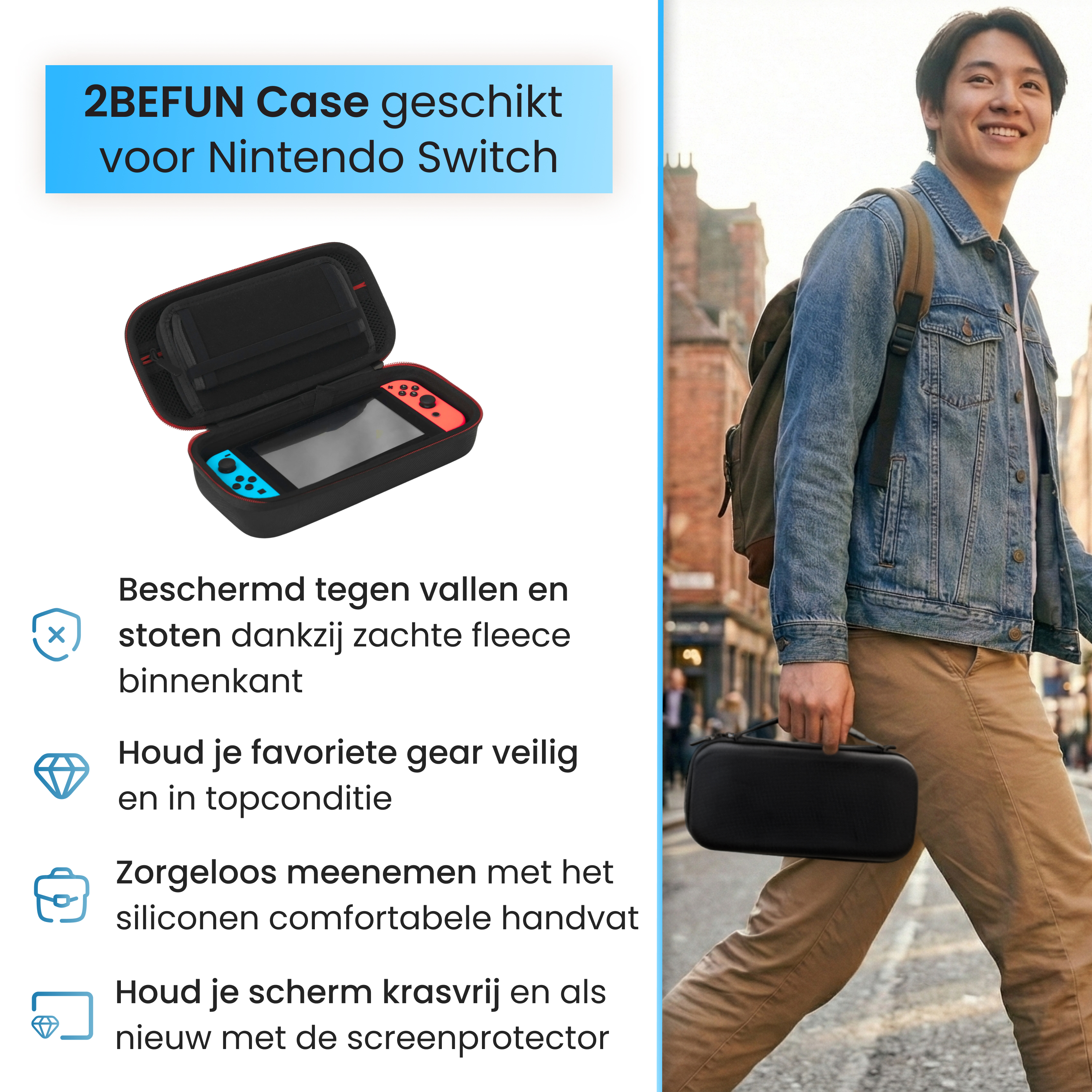 Ein Mann in Jeansjacke trägt eine Nintendo Switch-Tasche, die sein Gerät schützt.