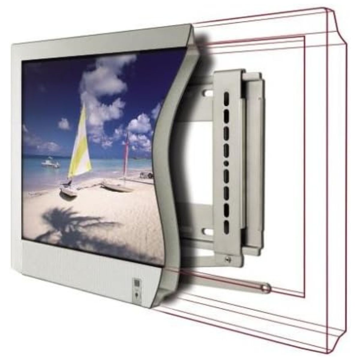 Ein Fernseher mit Strandmotiv wird von einer Wandhalterung getragen.