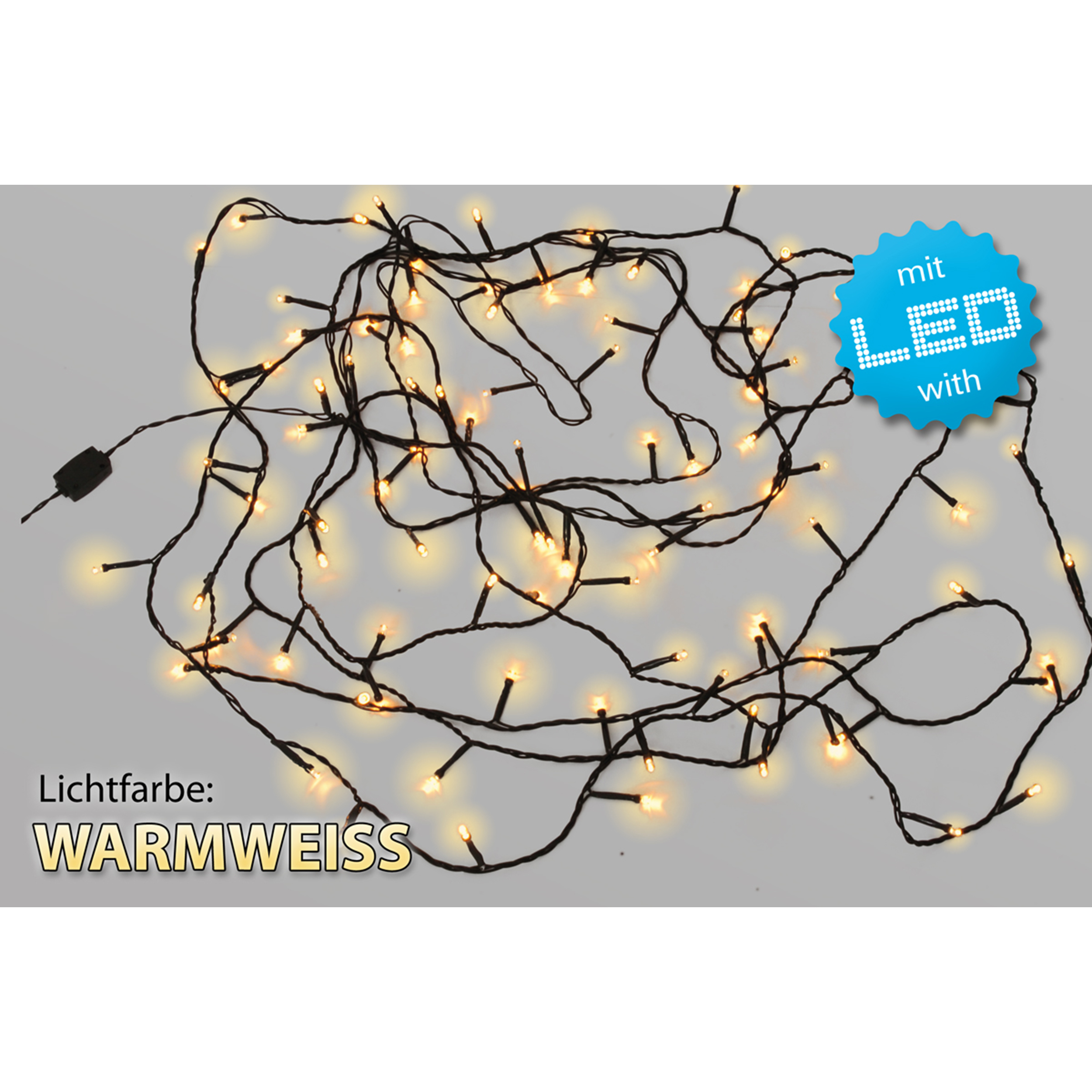 Ein Strang warmer weißer LED-Lichterketten mit schwarzem Kabel.