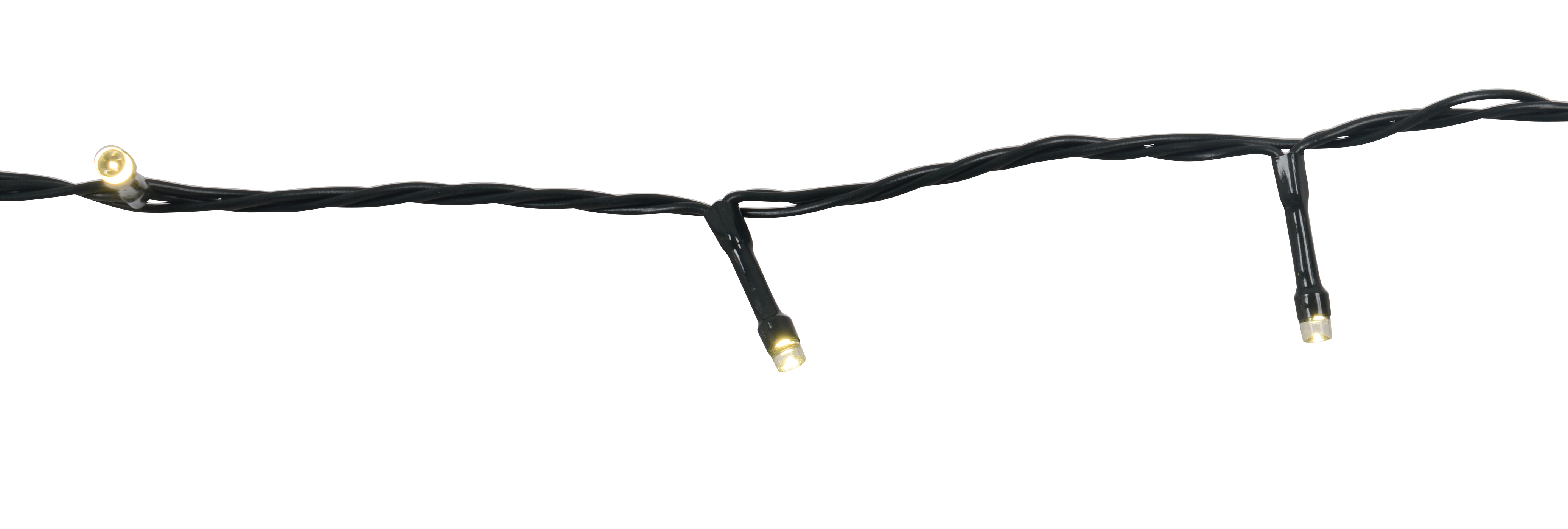 Eine schwarze Lichterkette mit leuchtenden LEDs auf weißem Hintergrund.