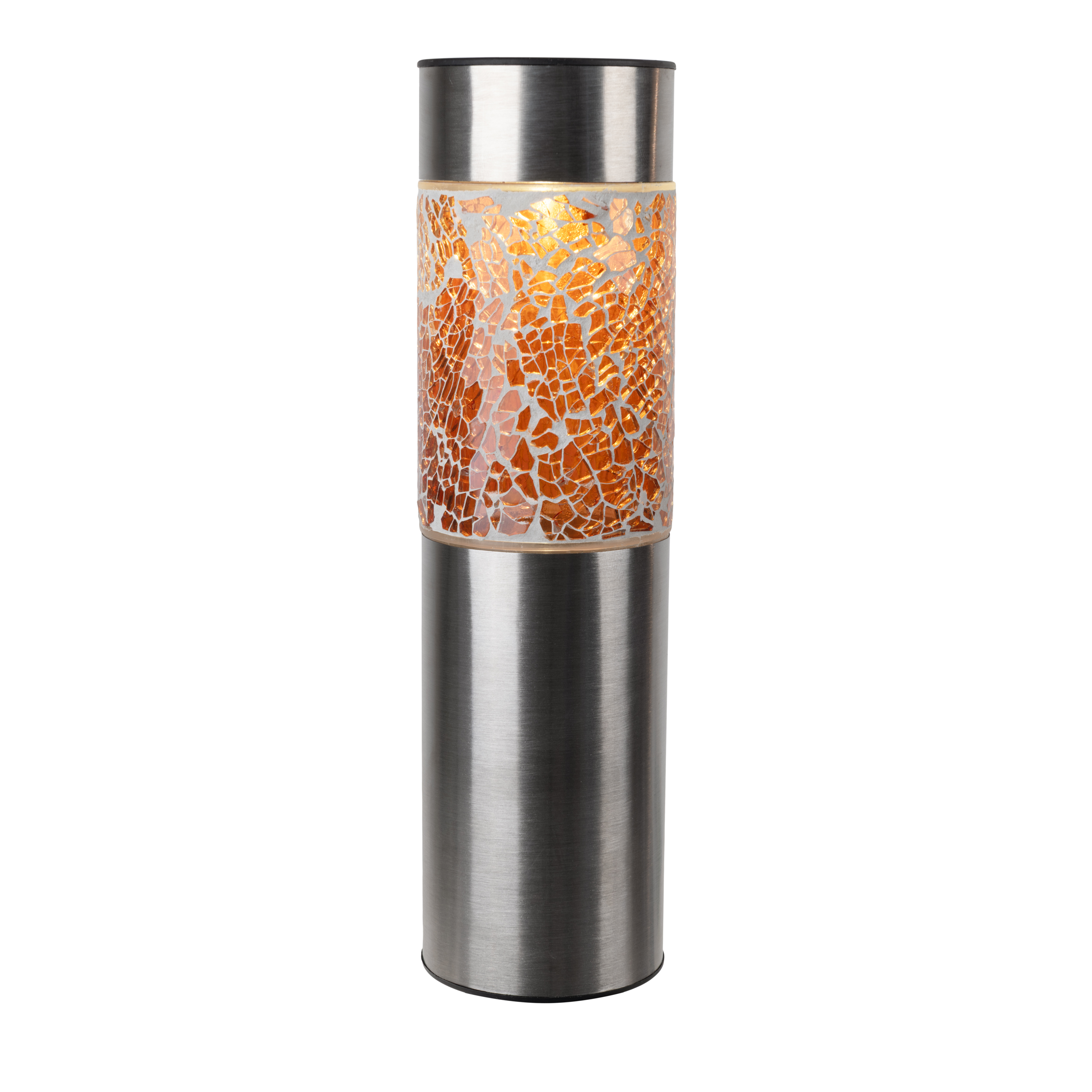 Zylindrische Edelstahl-Lampe mit Mosaikglas-Einsatz in Orange, beleuchtet.