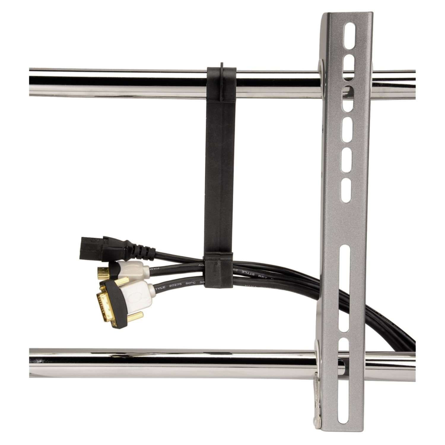 Kabelbinder sichern Kabel an Metallstangen, ein silberner Halter ist sichtbar.