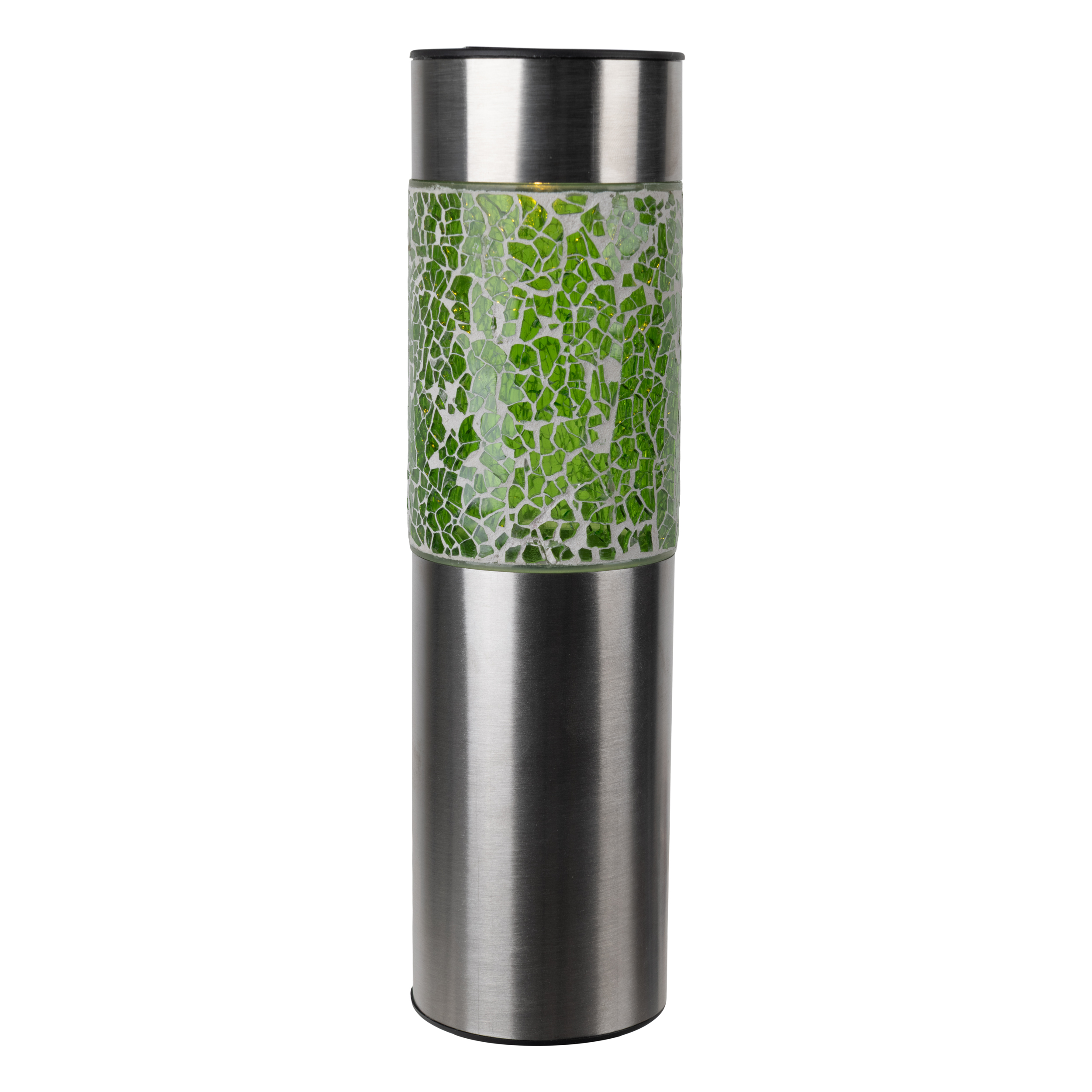 Silberne Laterne mit grünem Mosaikglas-Einsatz.