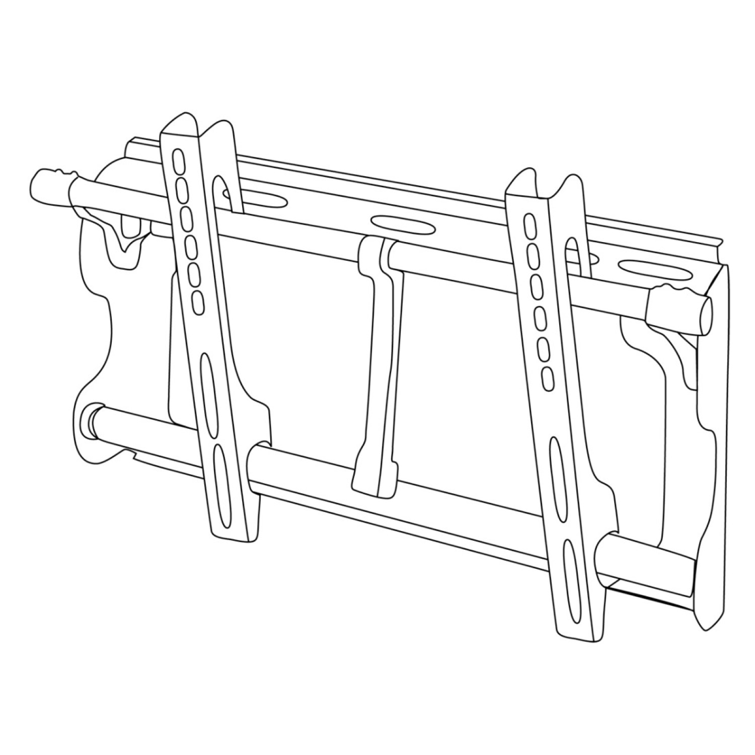 Ein schematischer Umriss einer Fernsehhalterung mit verstellbaren Armen und Schlitzen.