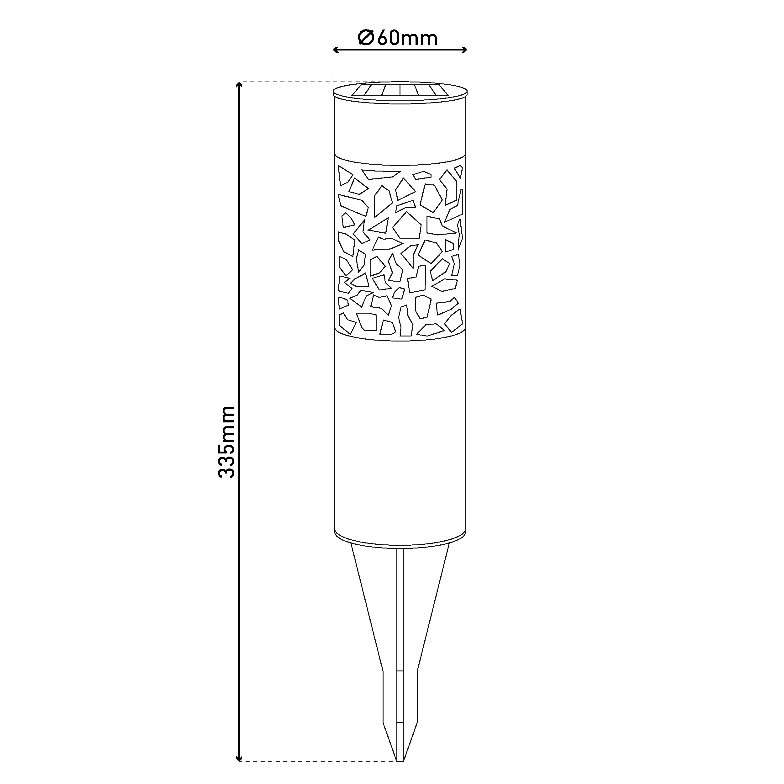 Eine schematische Darstellung einer Leuchte mit Bodenspieß. Maße: 60mm Durchmesser, 335mm Höhe.