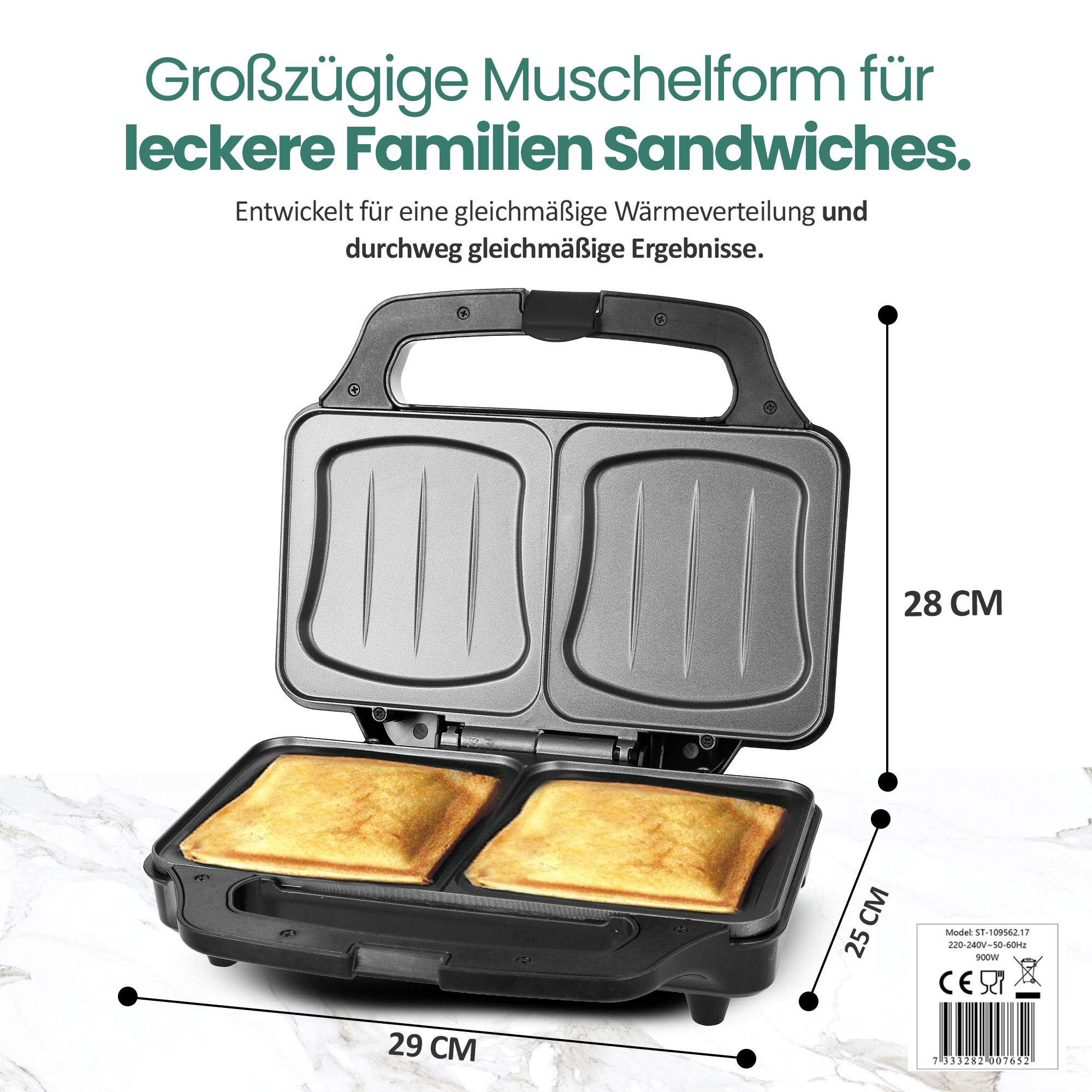 Ein offener Sandwichmaker mit zwei goldbraunen Sandwiches.