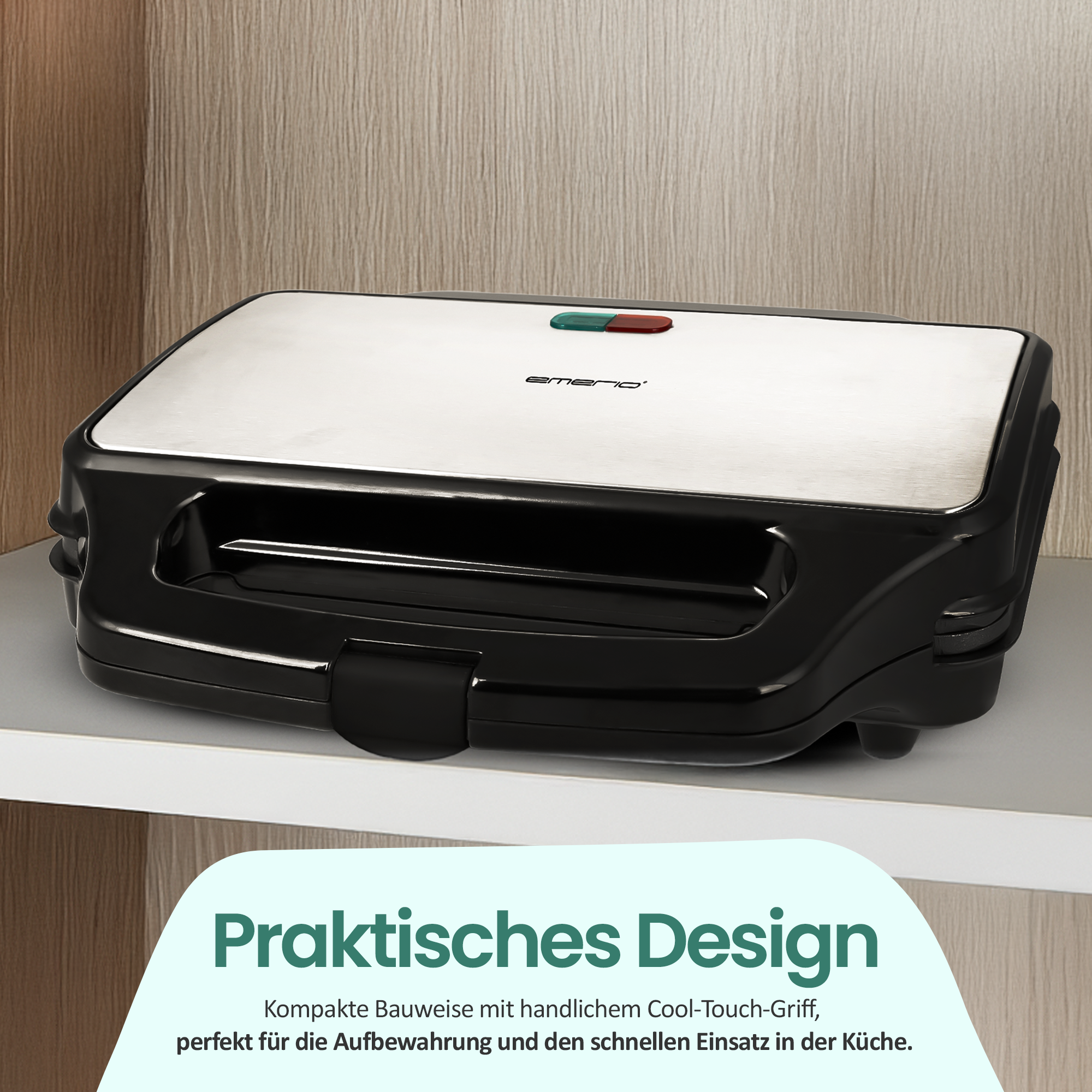 Schwarzer Sandwichmaker mit silberner Oberseite und Kontrollleuchten.